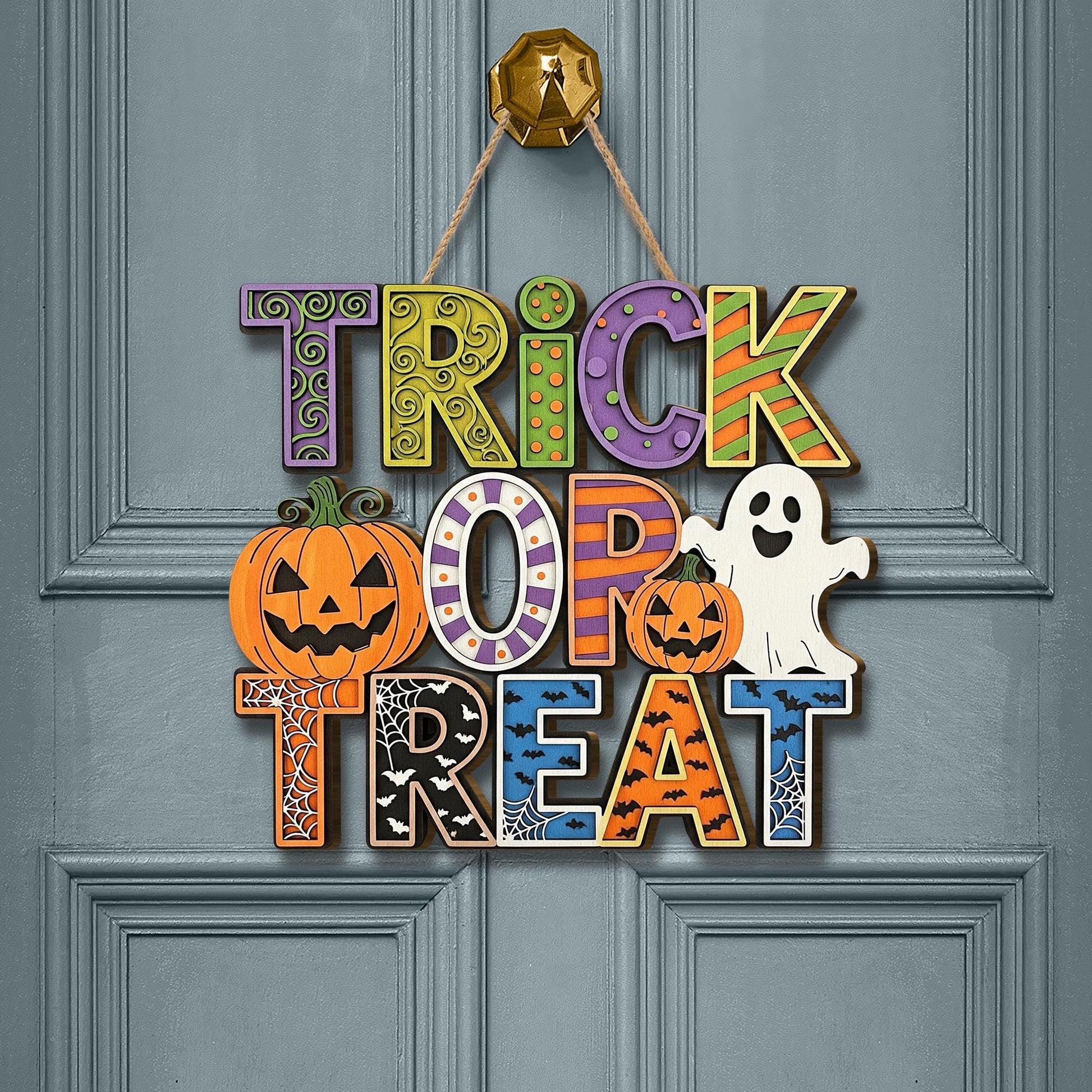Trick or Treat Wooden Sign, Halloween Door Hanger with Ghost & Pumpkin, Spooky Porch Wall Decor, Cute Fall Party Decoration