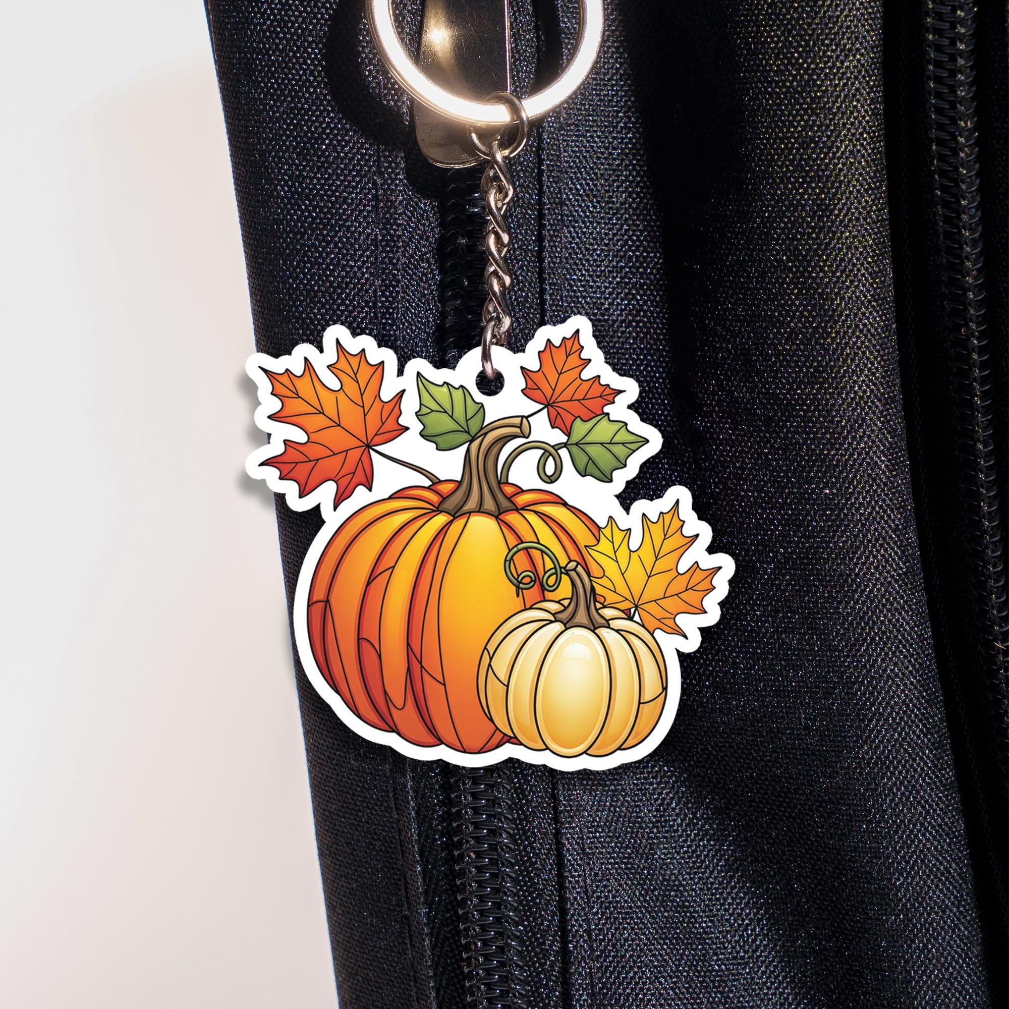 Pumpkin Keychain with Fall Leaves, Autumn Key Ring Charm, Cute Seasonal Accessory, Thanksgiving Gift, Cozy Harvest Key Holder