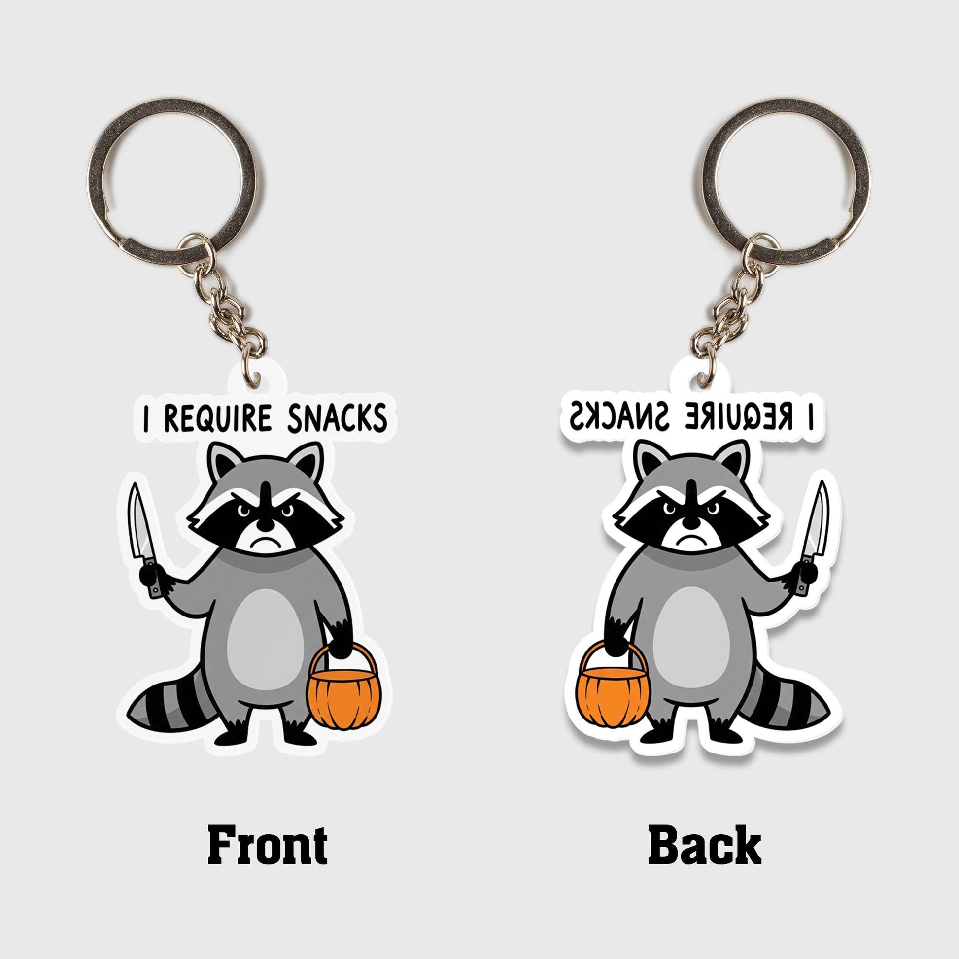 Funny Raccoon Keychain, I Require Snacks Key Ring, Cute Animal Charm, Halloween Trick or Treat Accessory, Quirky Gift for Friends