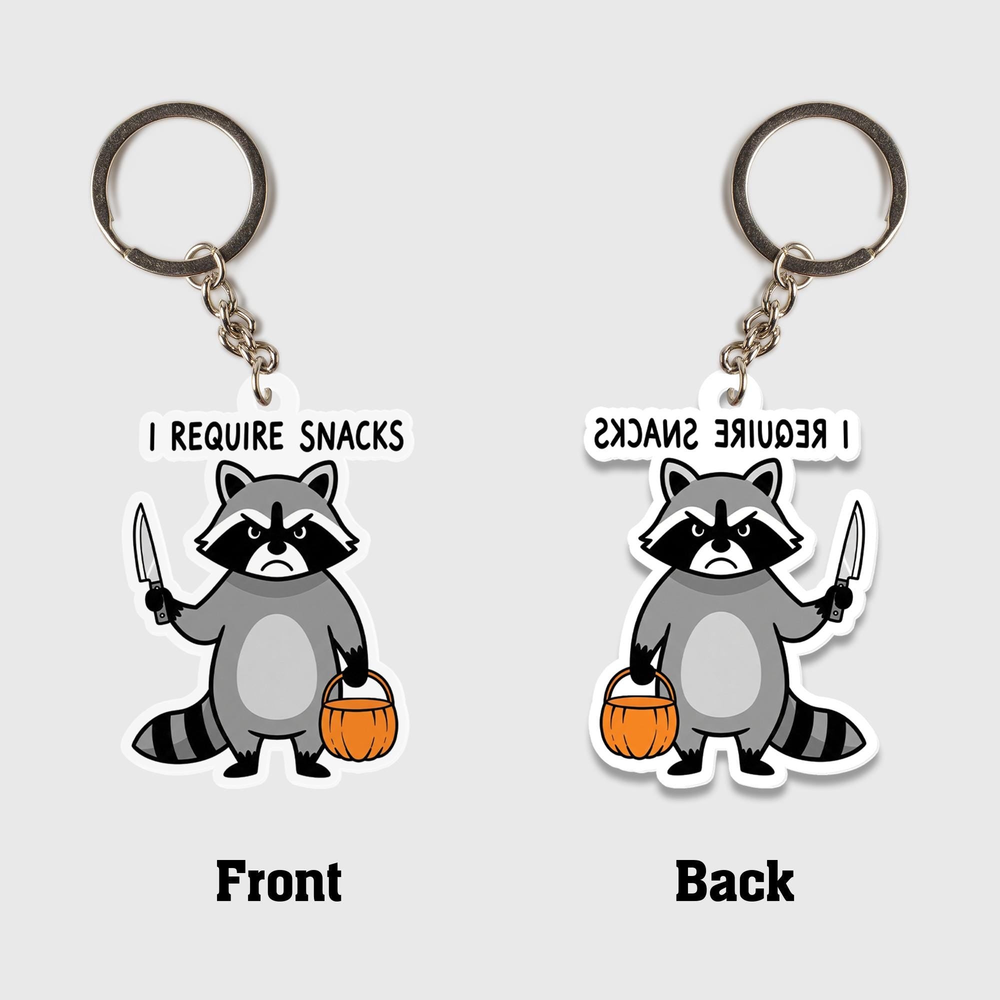 Funny Raccoon Keychain, I Require Snacks Key Ring, Cute Animal Charm, Halloween Trick or Treat Accessory, Quirky Gift for Friends