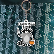 Funny Raccoon Keychain, I Require Snacks Key Ring, Cute Animal Charm, Halloween Trick or Treat Accessory, Quirky Gift for Friends