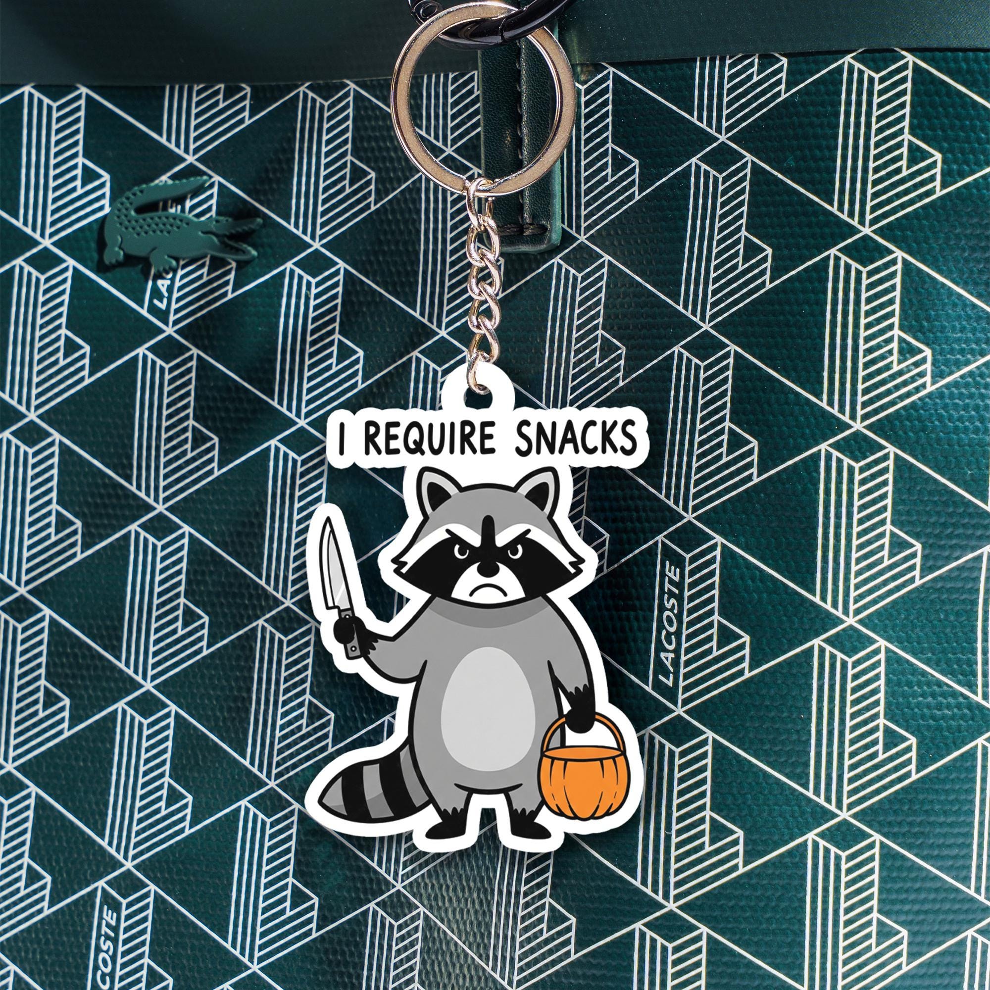Funny Raccoon Keychain, I Require Snacks Key Ring, Cute Animal Charm, Halloween Trick or Treat Accessory, Quirky Gift for Friends