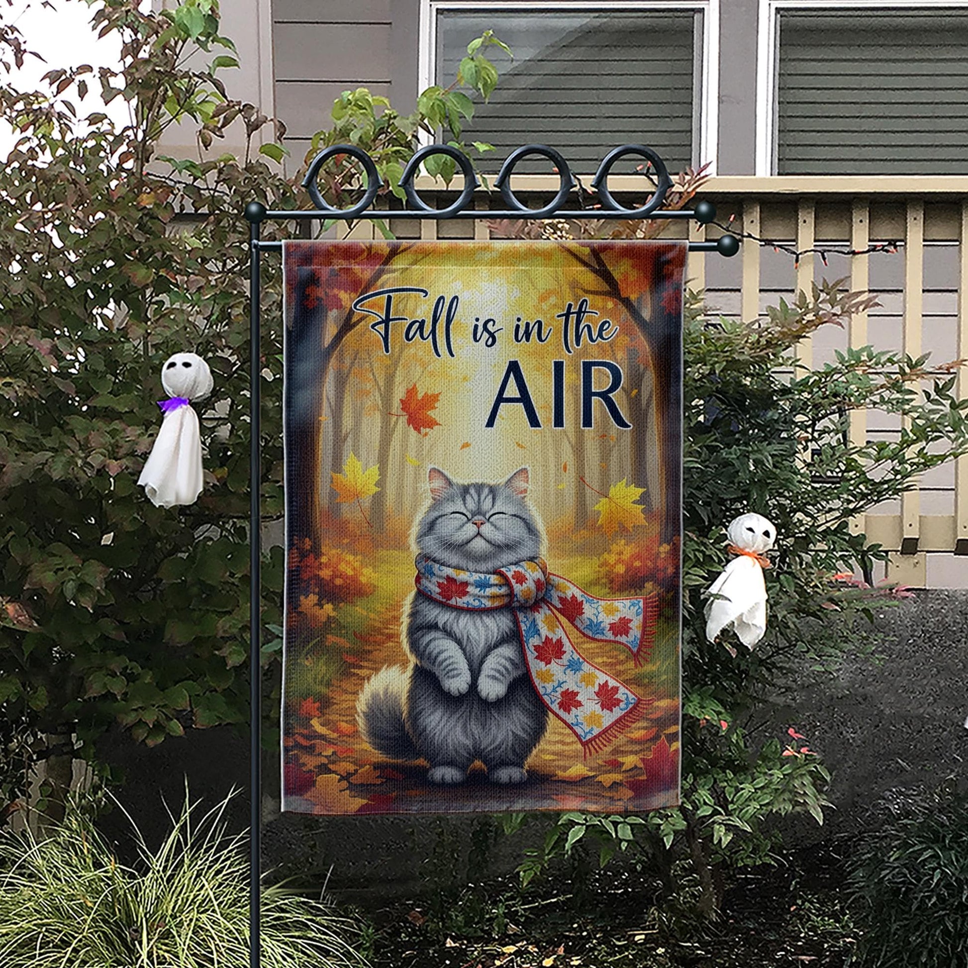 Fall Cat Garden Flag, Autumn Outdoor Yard Decor, Cozy Kitty with Scarf Seasonal Flag, Cute Fall Porch Decoration for Cat Lovers