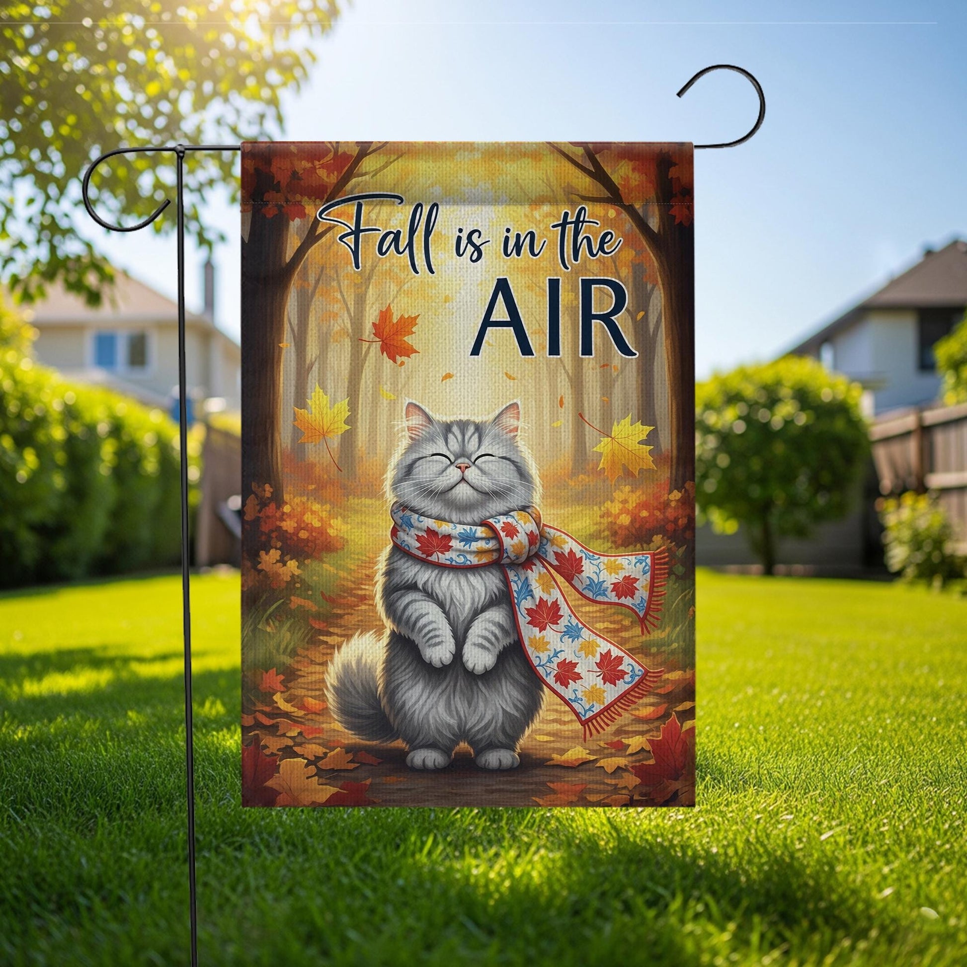 Fall Cat Garden Flag, Autumn Outdoor Yard Decor, Cozy Kitty with Scarf Seasonal Flag, Cute Fall Porch Decoration for Cat Lovers