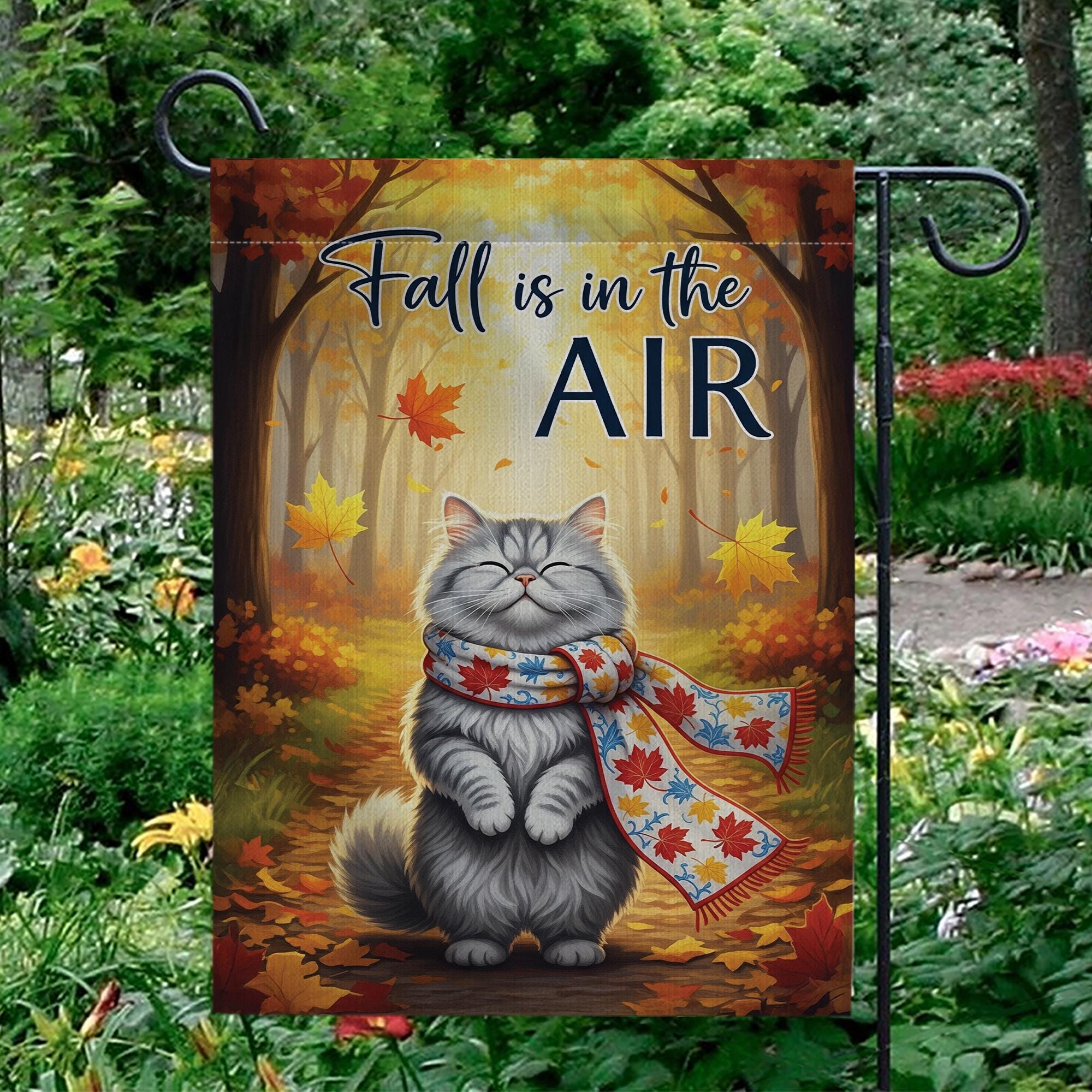 Fall Cat Garden Flag, Autumn Outdoor Yard Decor, Cozy Kitty with Scarf Seasonal Flag, Cute Fall Porch Decoration for Cat Lovers