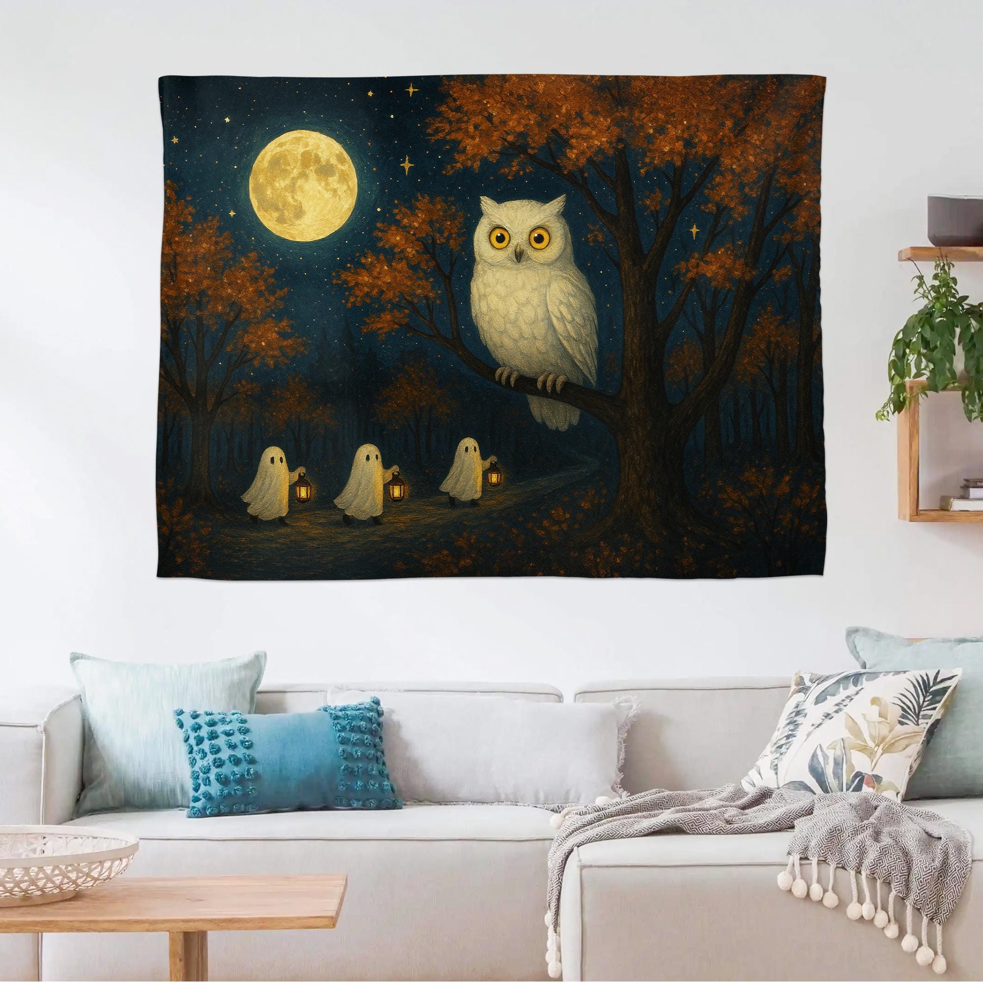 Halloween Owl Tapestry, Spooky Ghosts Wall Hanging, Full Moon Forest Scene, Gothic Witchy Home Decor, Autumn Living Room Art