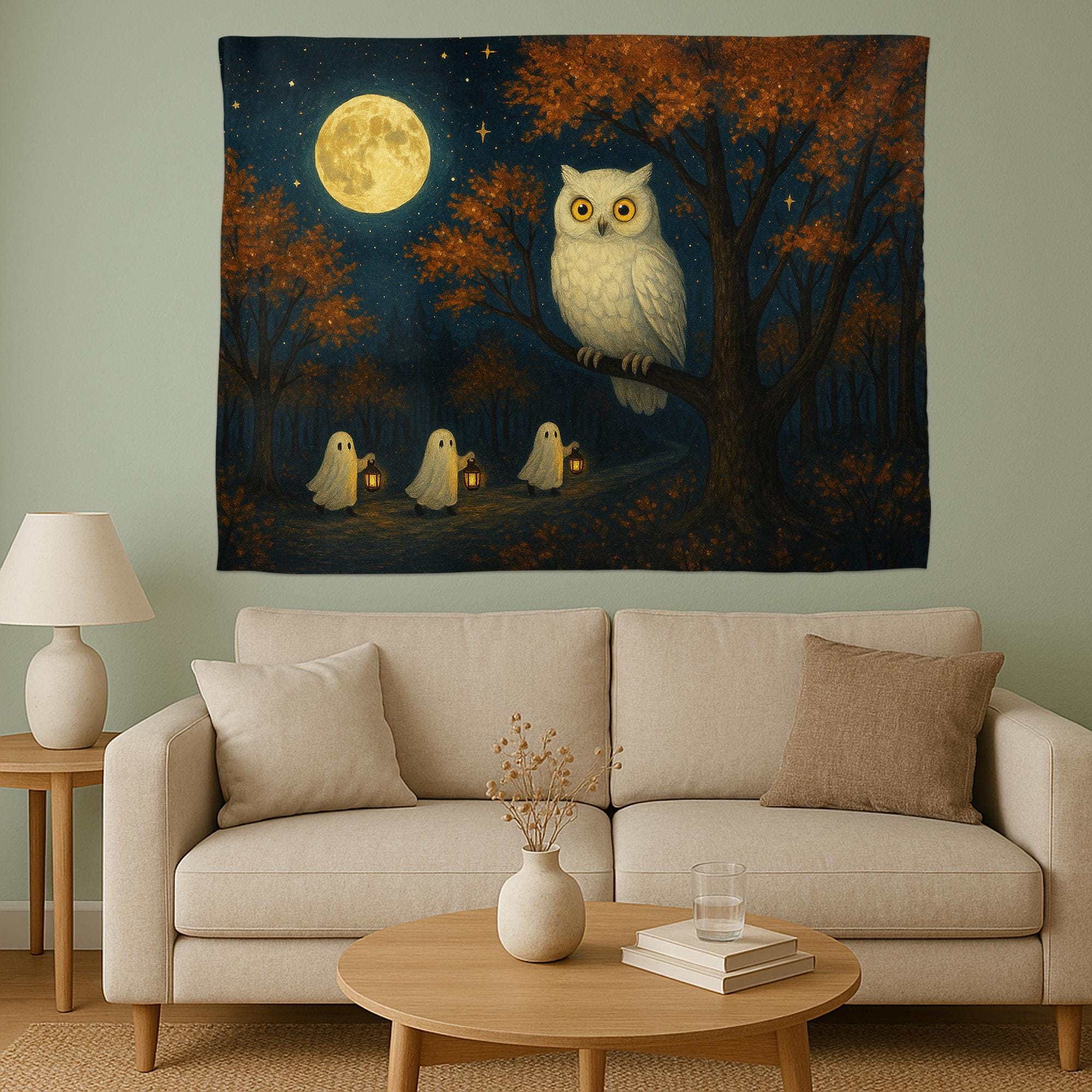 Halloween Owl Tapestry, Spooky Ghosts Wall Hanging, Full Moon Forest Scene, Gothic Witchy Home Decor, Autumn Living Room Art