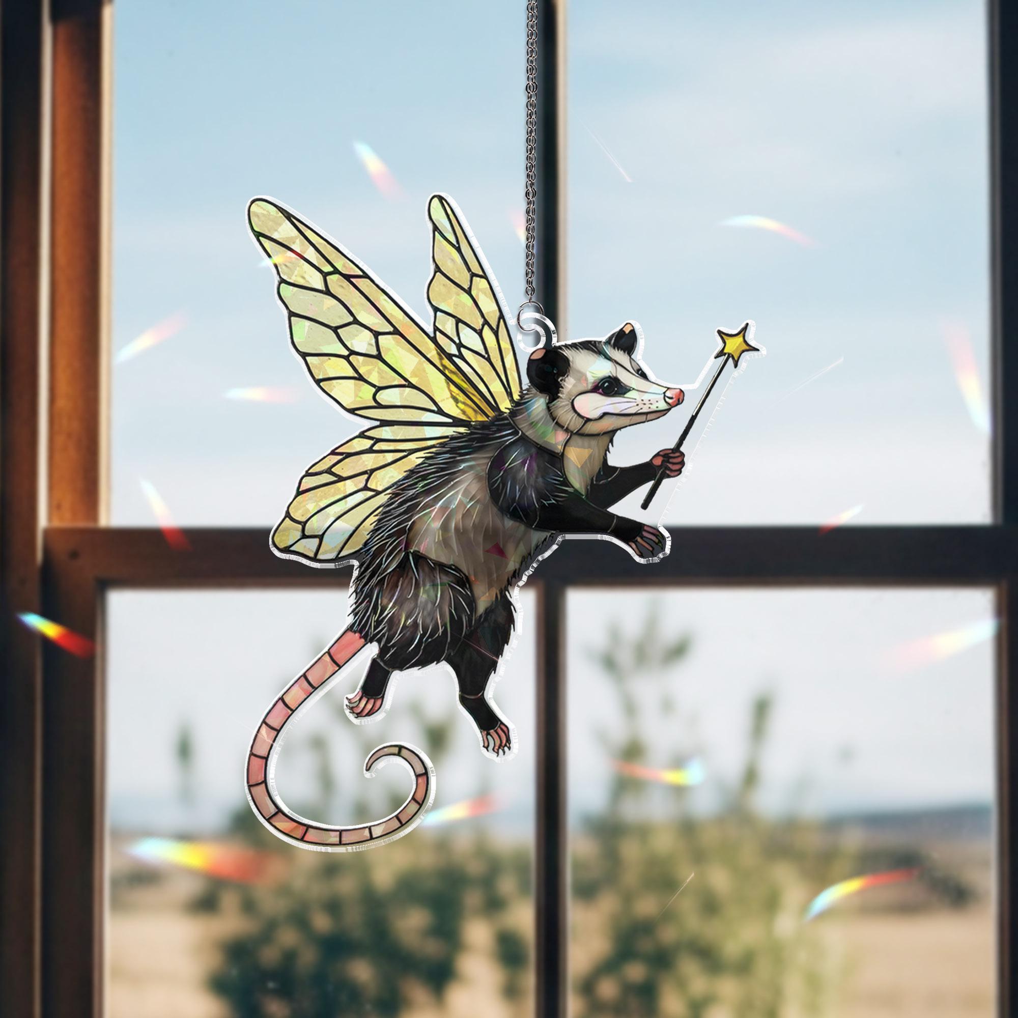 Holographic Opossum Suncatcher: Rainbow Window Hanging, Cottagecore Ornament