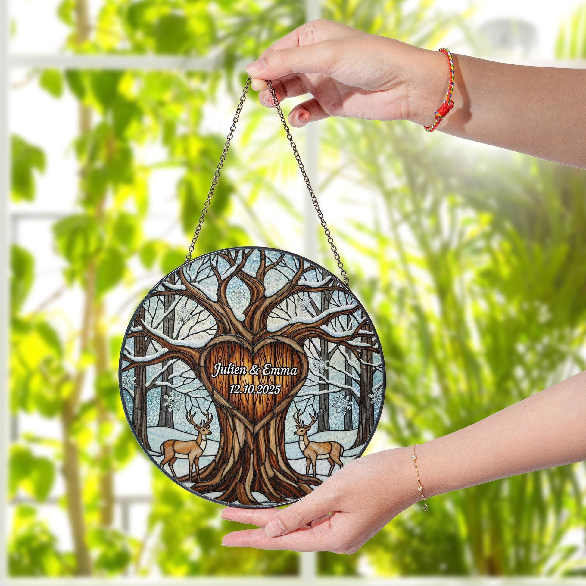 Custom Couple Glass Suncatcher | Personalized Tree of Life Wedding Gift | Anniversary Deer Glass Keepsake