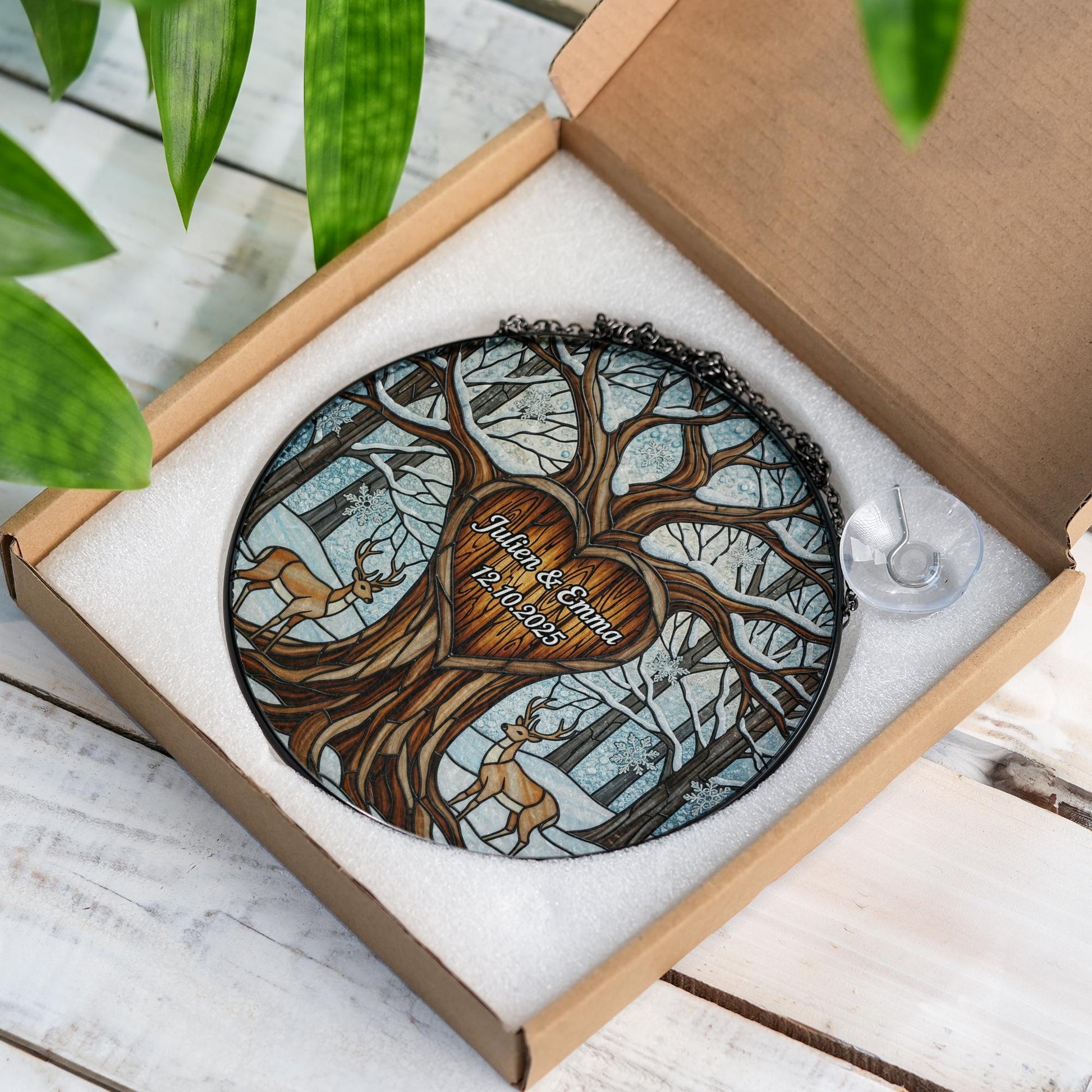 Custom Couple Glass Suncatcher | Personalized Tree of Life Wedding Gift | Anniversary Deer Glass Keepsake