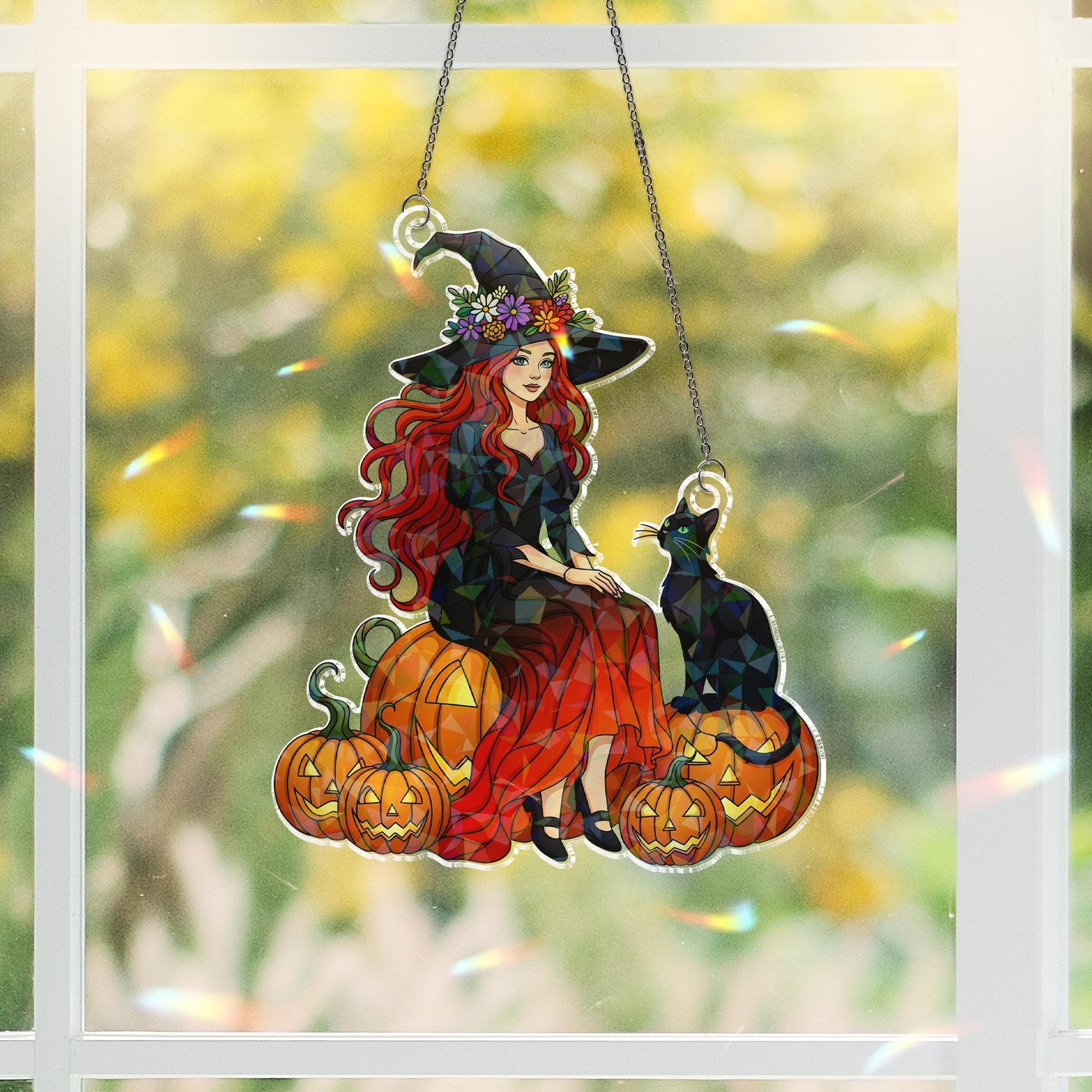 Witch Black Cat Hologram Window Hanging : Halloween Acrylic Sun Catcher Ornament