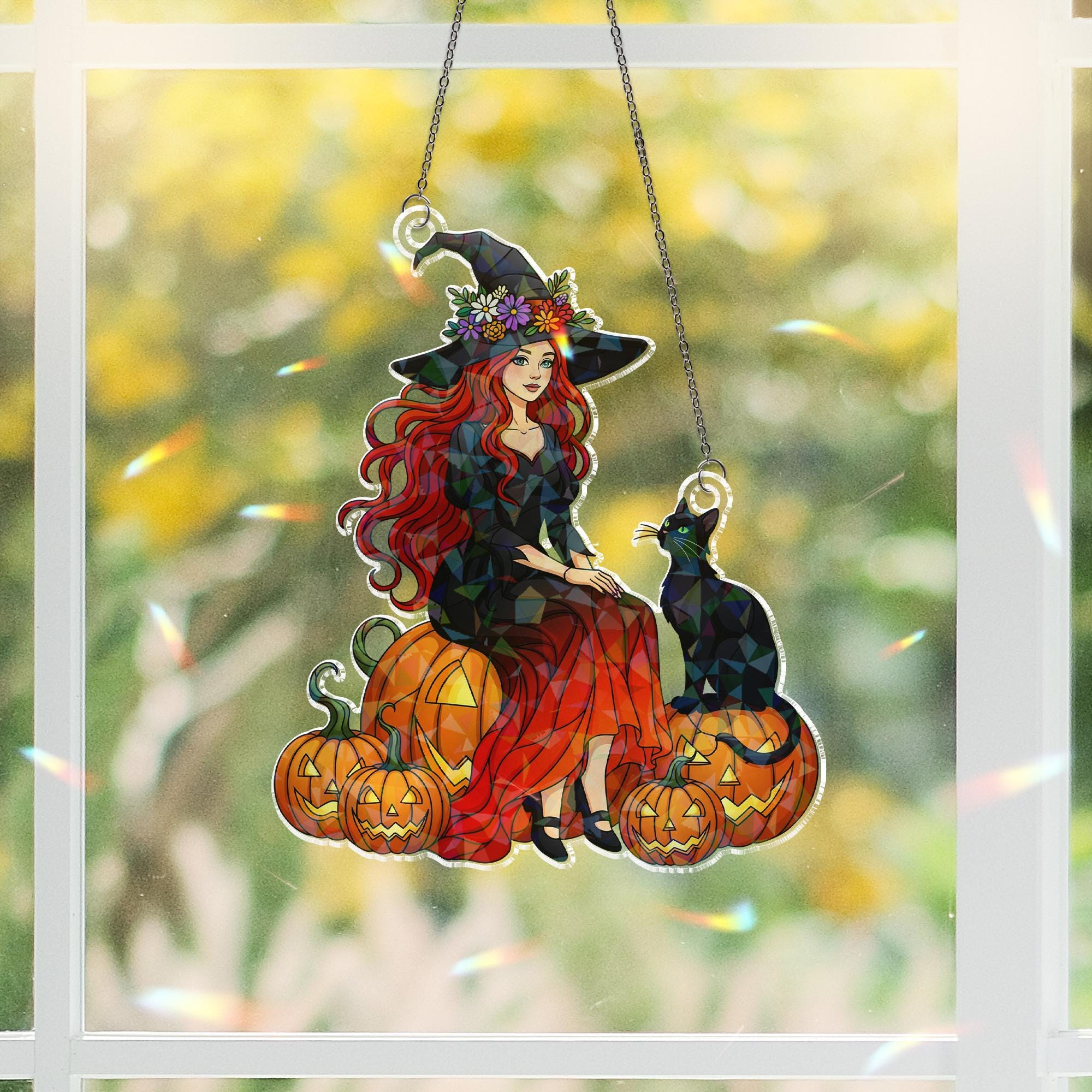 Witch Black Cat Hologram Window Hanging : Halloween Acrylic Sun Catcher Ornament