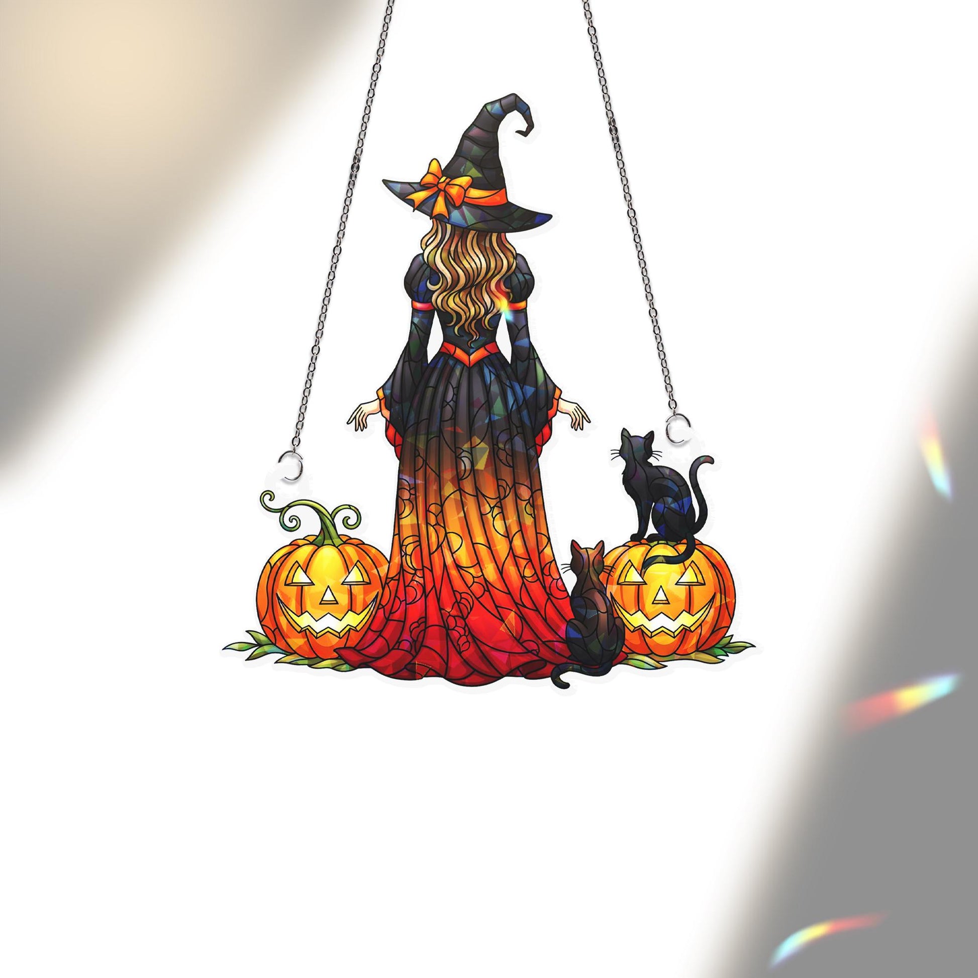 Witch Black Cat Pumpkin Hologram Window Hanging : Halloween Acrylic Sun Catcher Ornament
