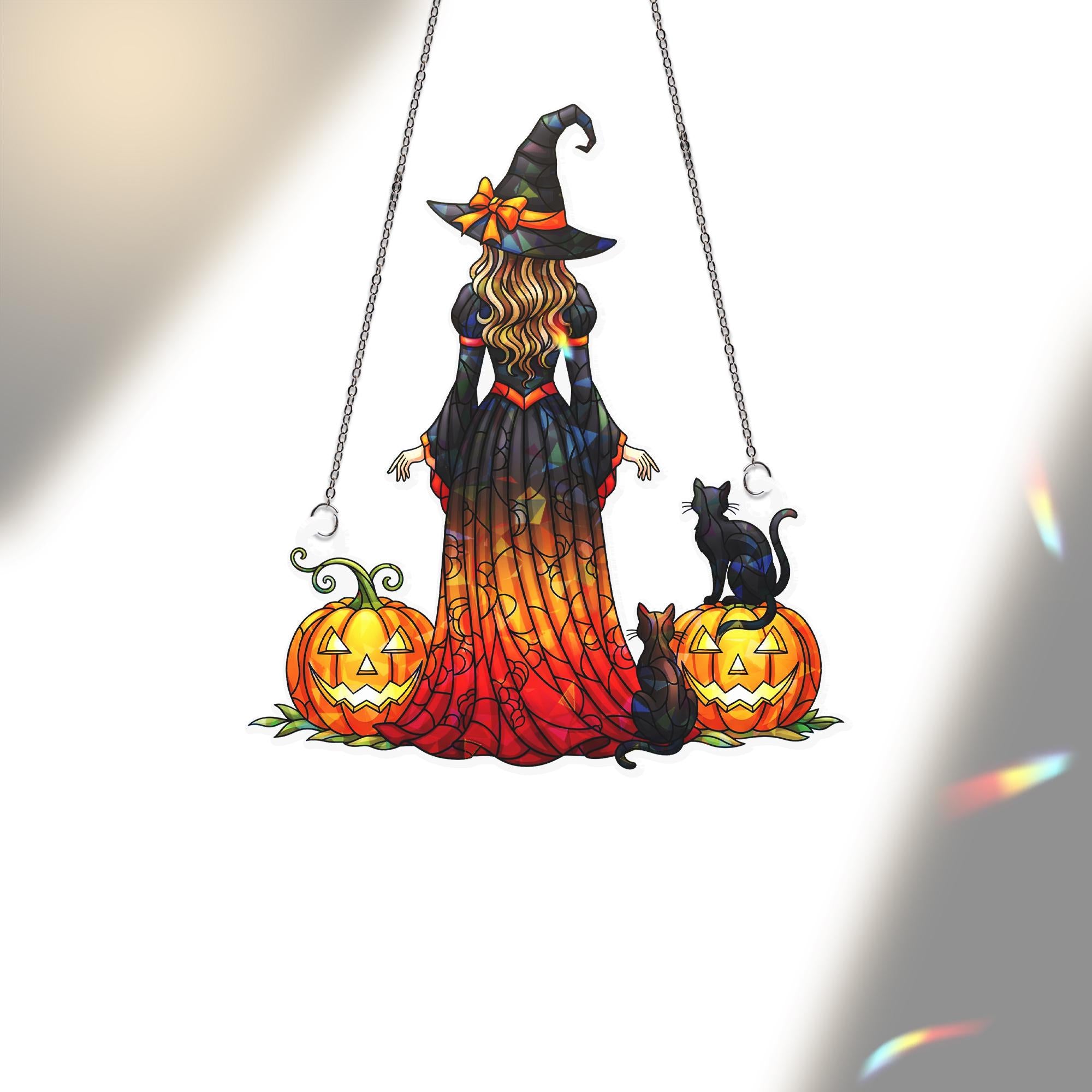 Witch Black Cat Pumpkin Hologram Window Hanging : Halloween Acrylic Sun Catcher Ornament
