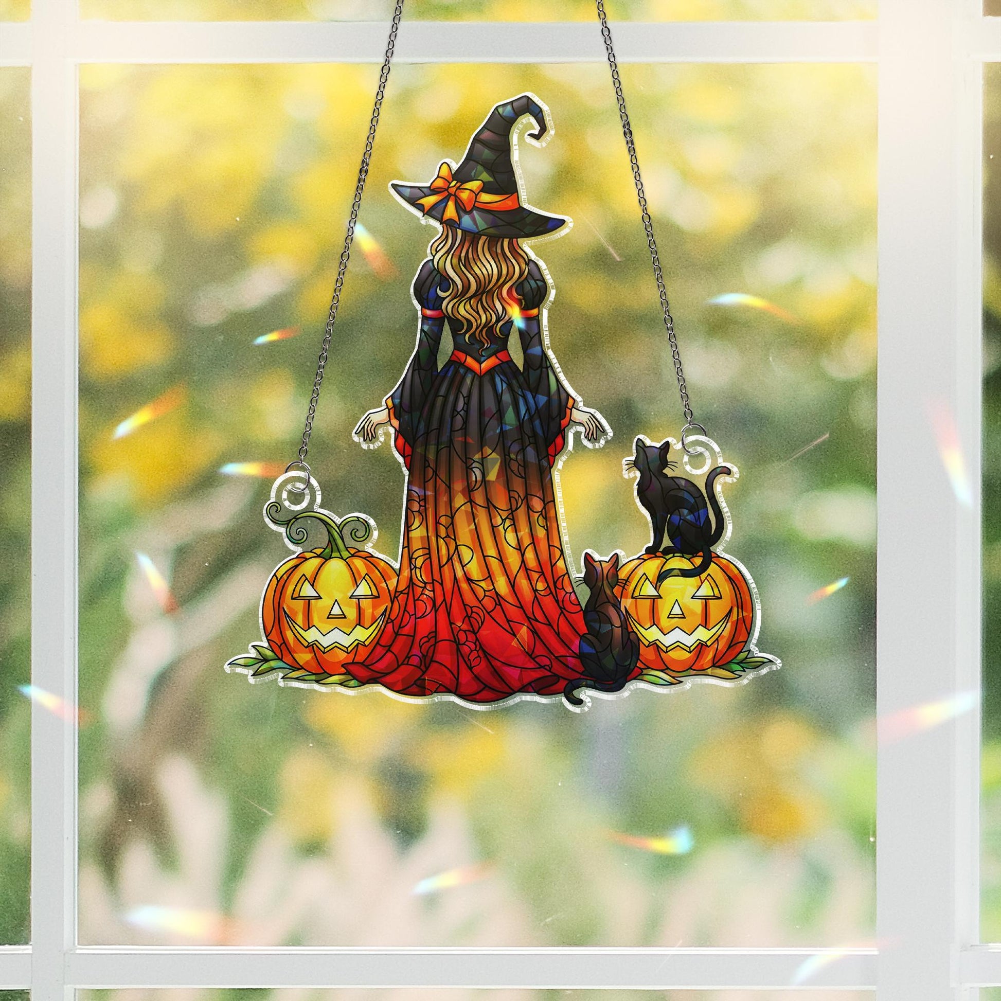 Witch Black Cat Pumpkin Hologram Window Hanging : Halloween Acrylic Sun Catcher Ornament