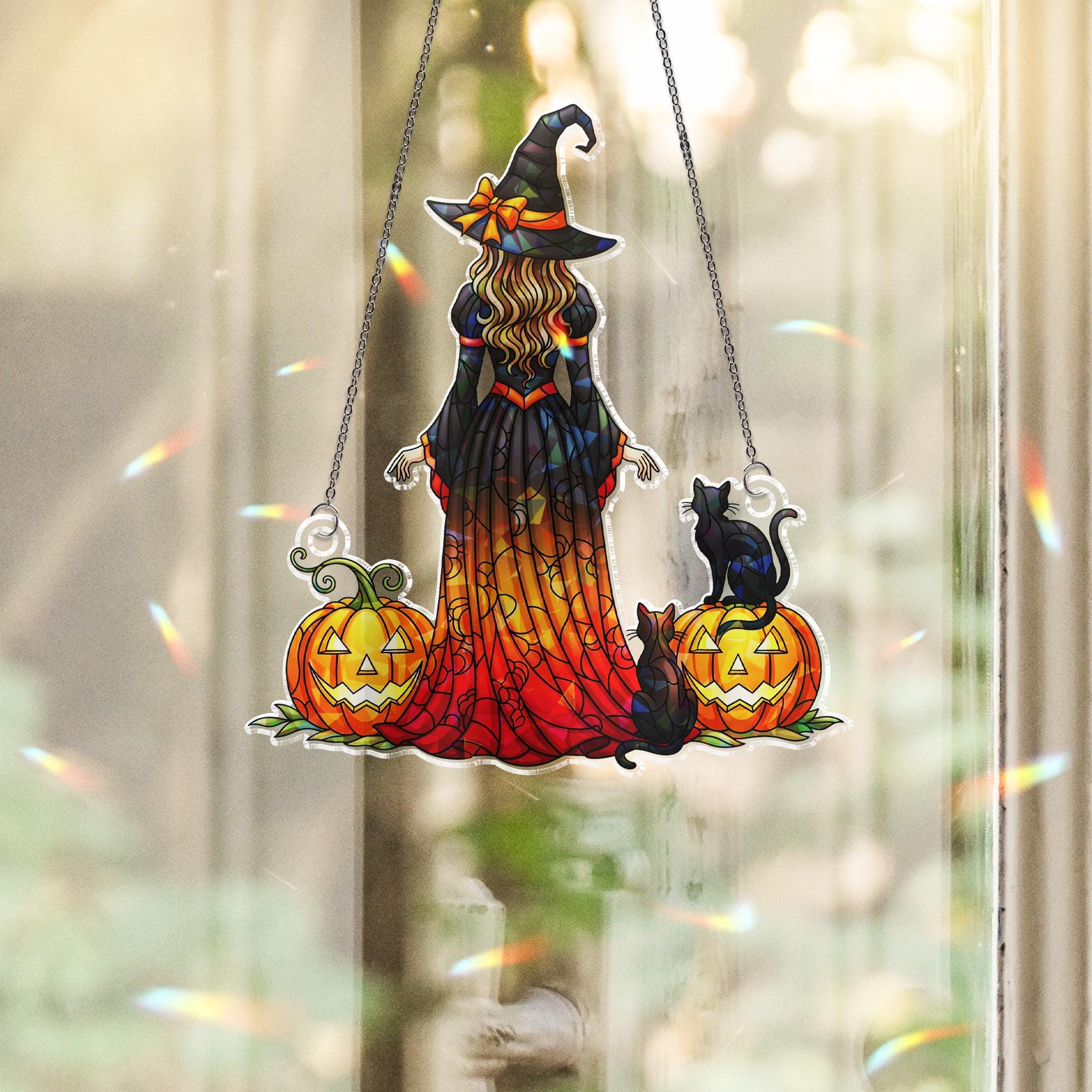 Witch Black Cat Pumpkin Hologram Window Hanging : Halloween Acrylic Sun Catcher Ornament