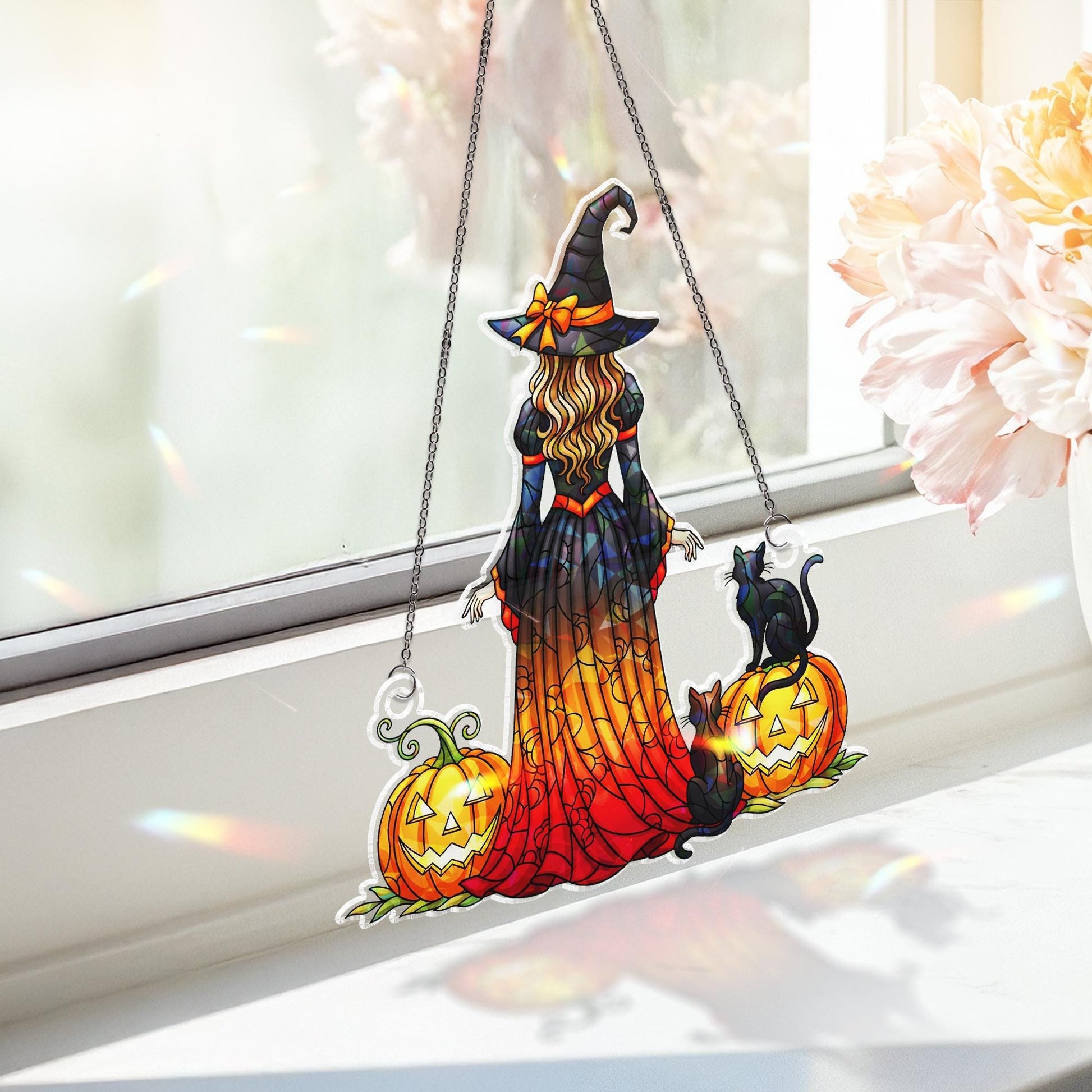 Witch Black Cat Pumpkin Hologram Window Hanging : Halloween Acrylic Sun Catcher Ornament