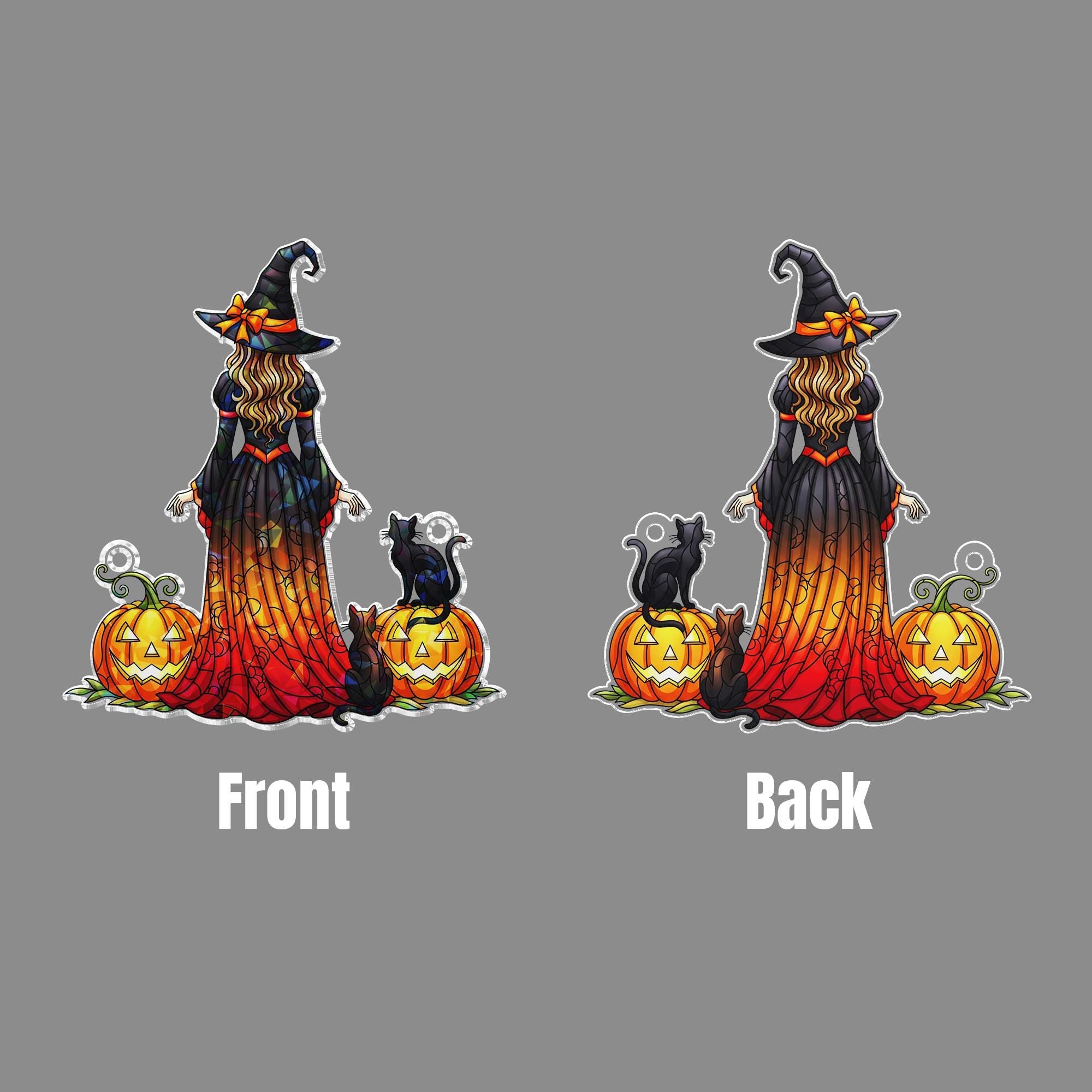 Witch Black Cat Pumpkin Hologram Window Hanging : Halloween Acrylic Sun Catcher Ornament
