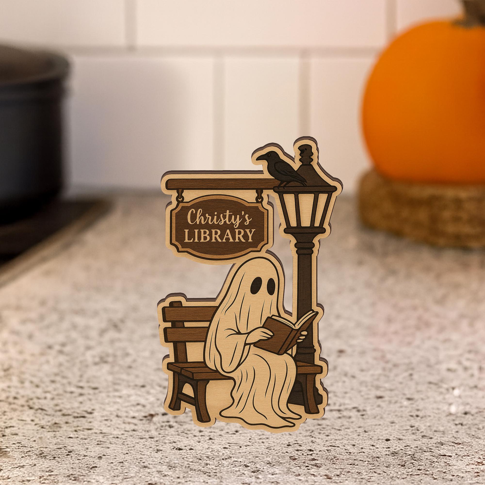 Custom Spooky Wooden Ghost Library Sign • Halloween Home Decor