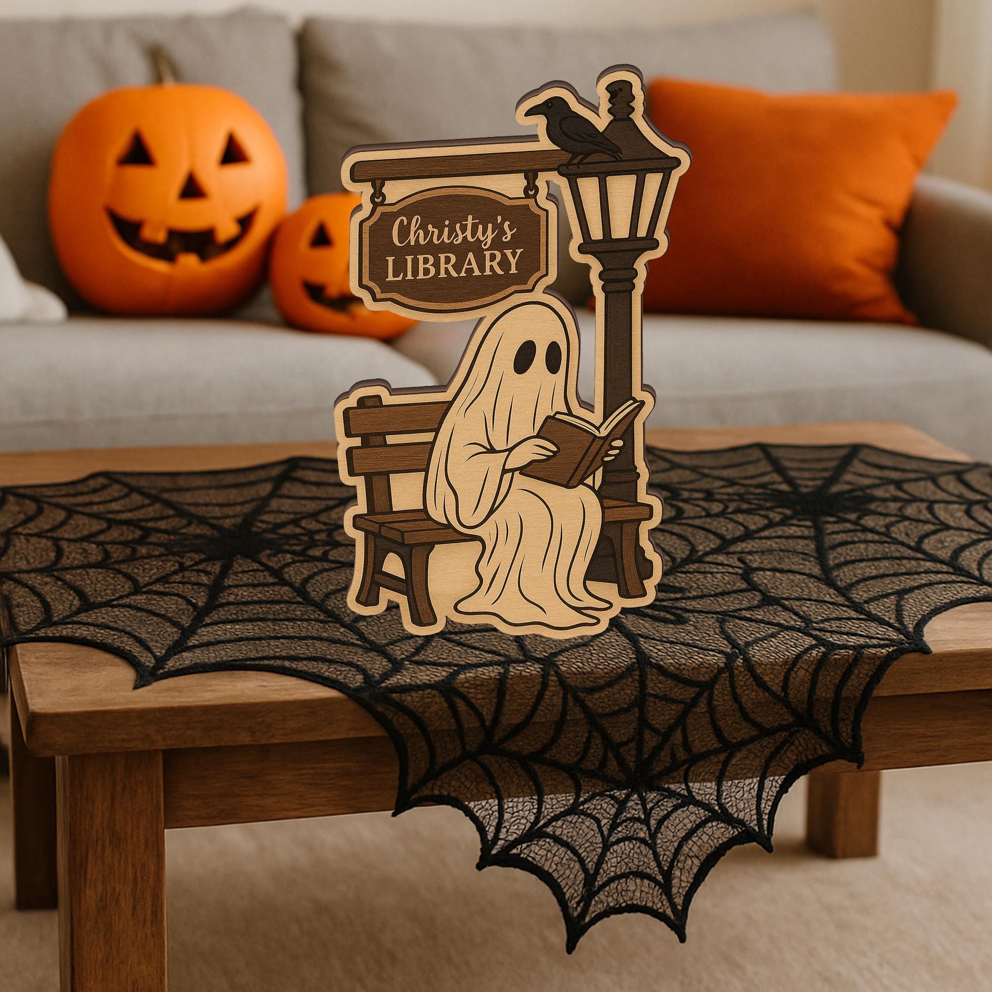 Custom Spooky Wooden Ghost Library Sign • Halloween Home Decor