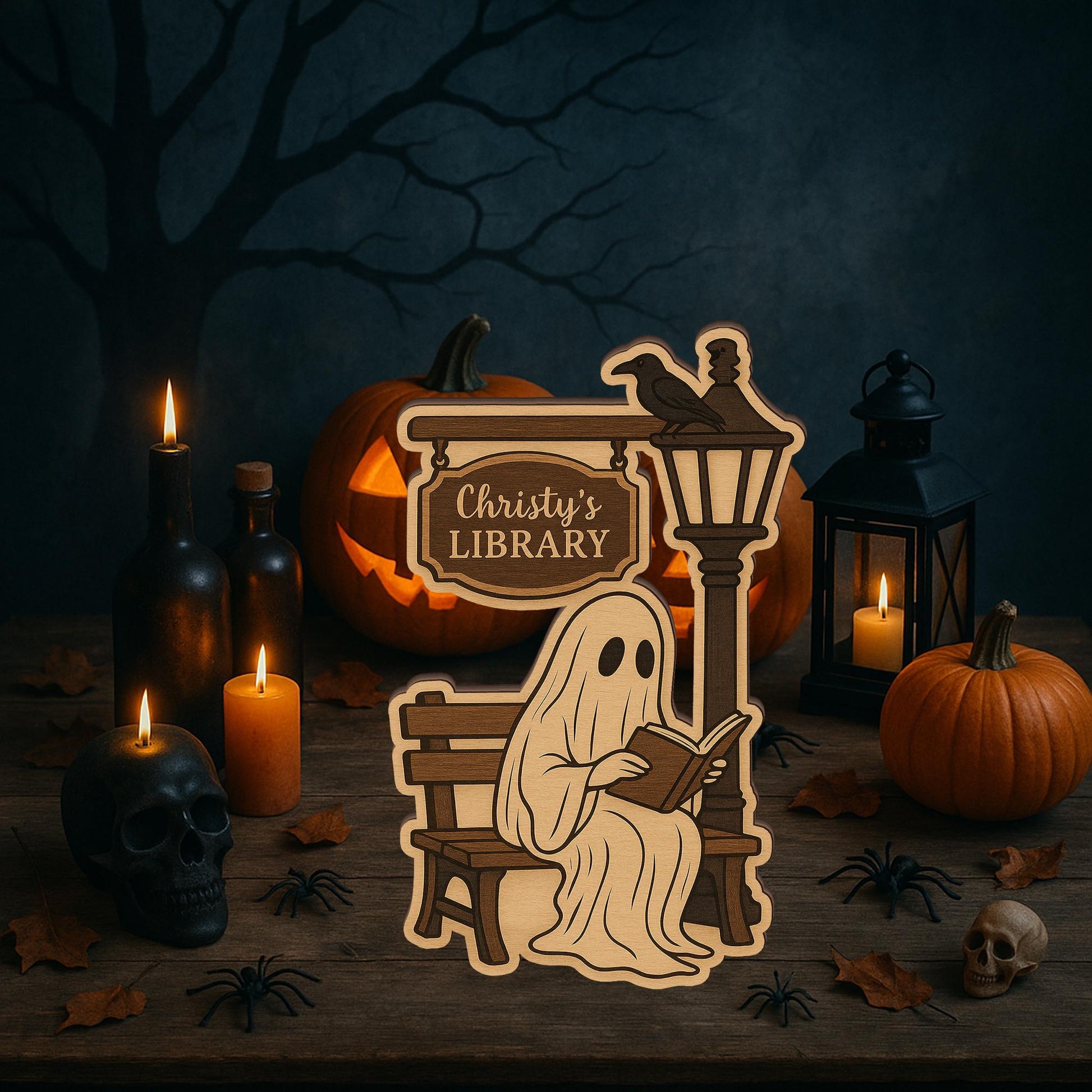 Custom Spooky Wooden Ghost Library Sign • Halloween Home Decor