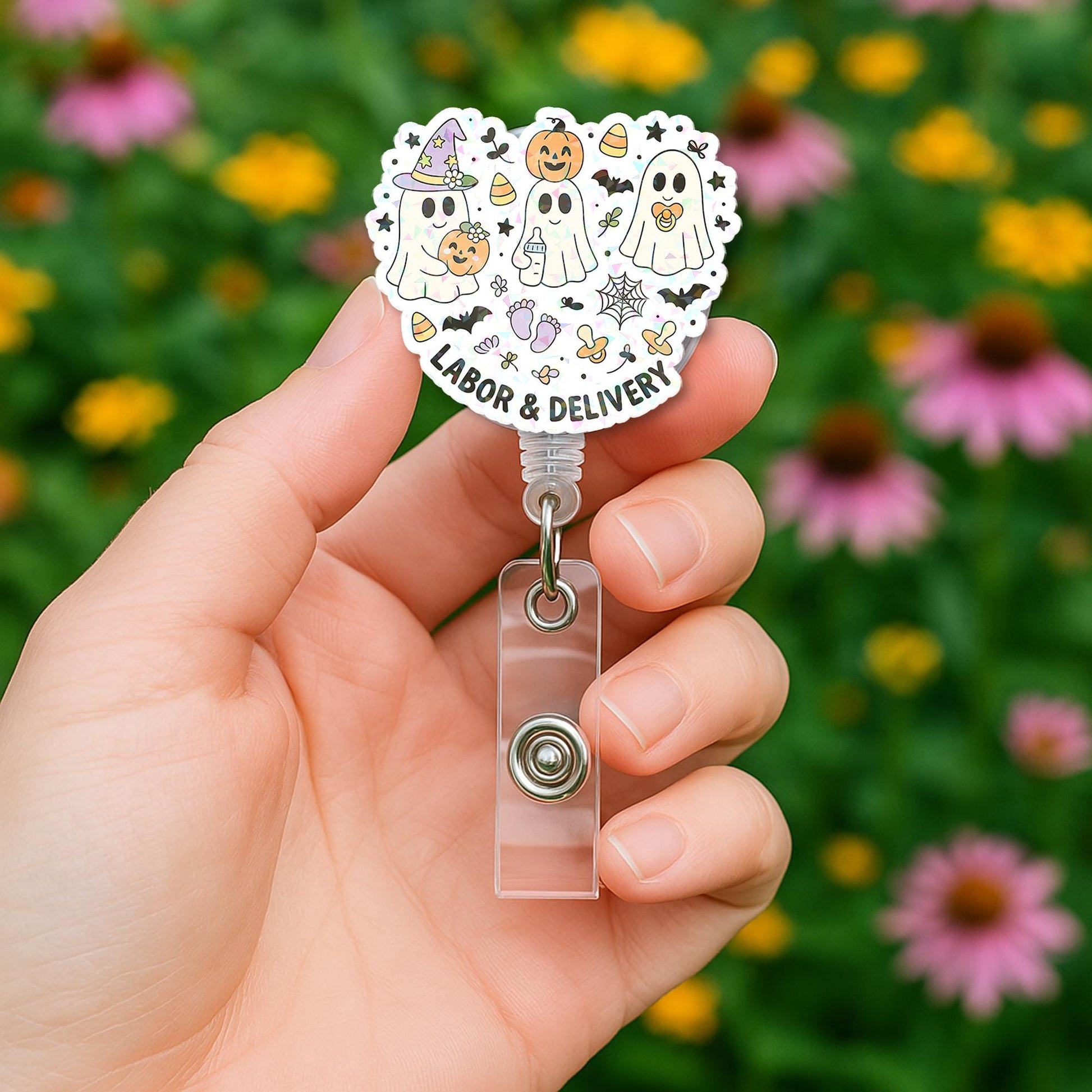 Holographic Ghost Badge Reel • Cute Labor & Delivery Nurse ID Holder • Halloween Retractable Badge Clip