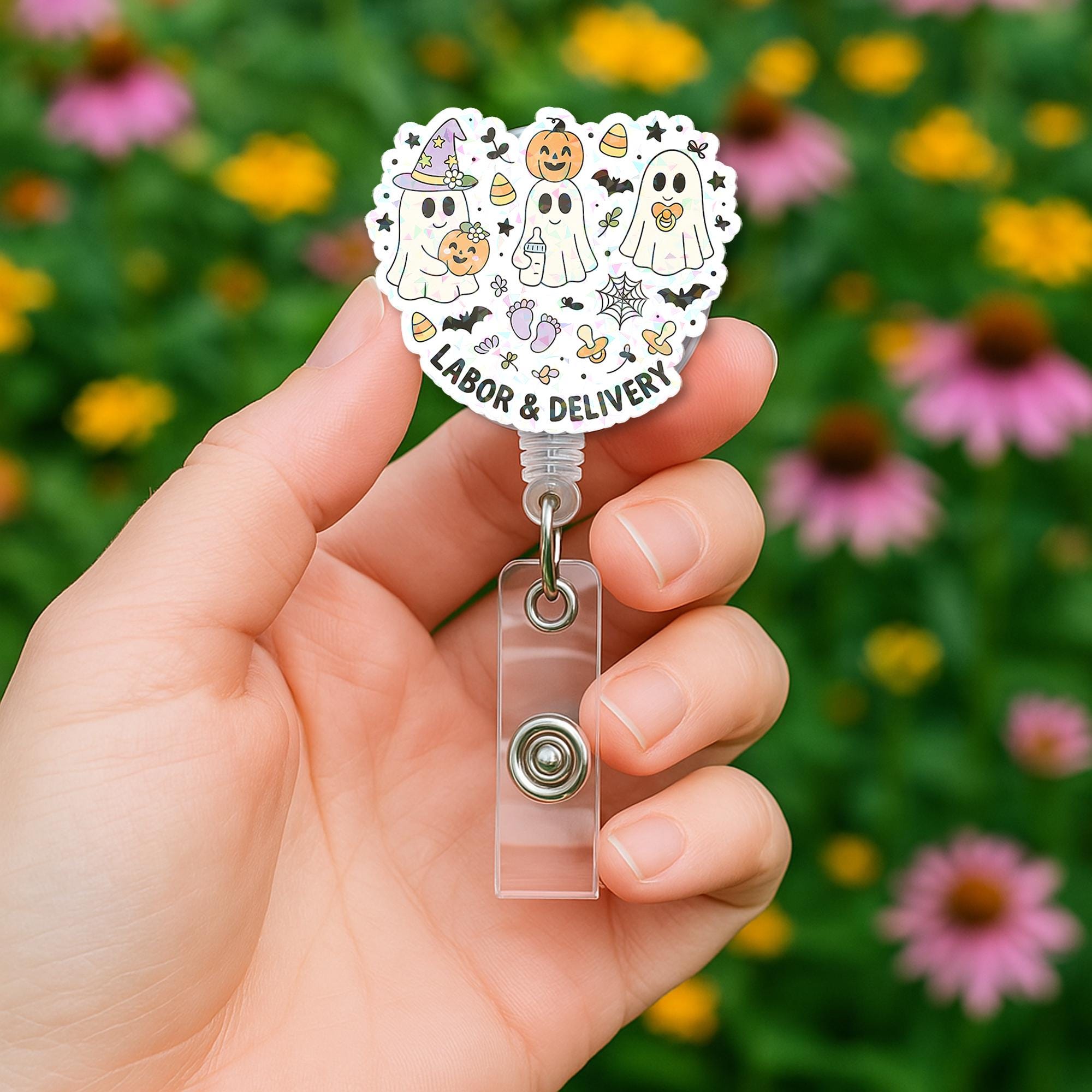 Holographic Ghost Badge Reel • Cute Labor & Delivery Nurse ID Holder • Halloween Retractable Badge Clip