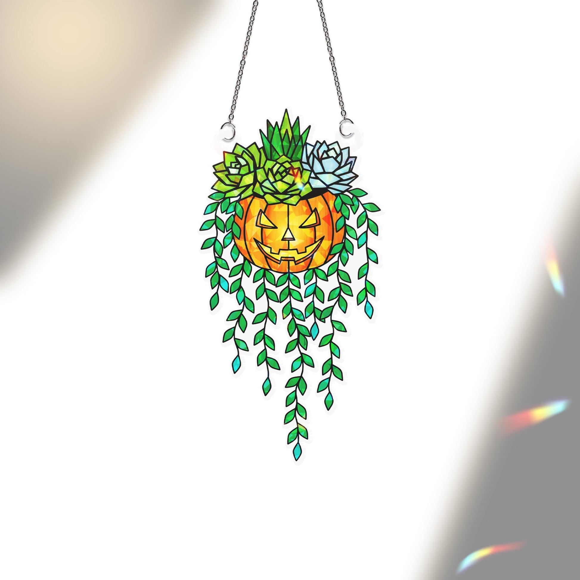Succulent Pumpkin Suncatcher • Holographic Acrylic Hanging Window Decor • Halloween Plant Lover Gift