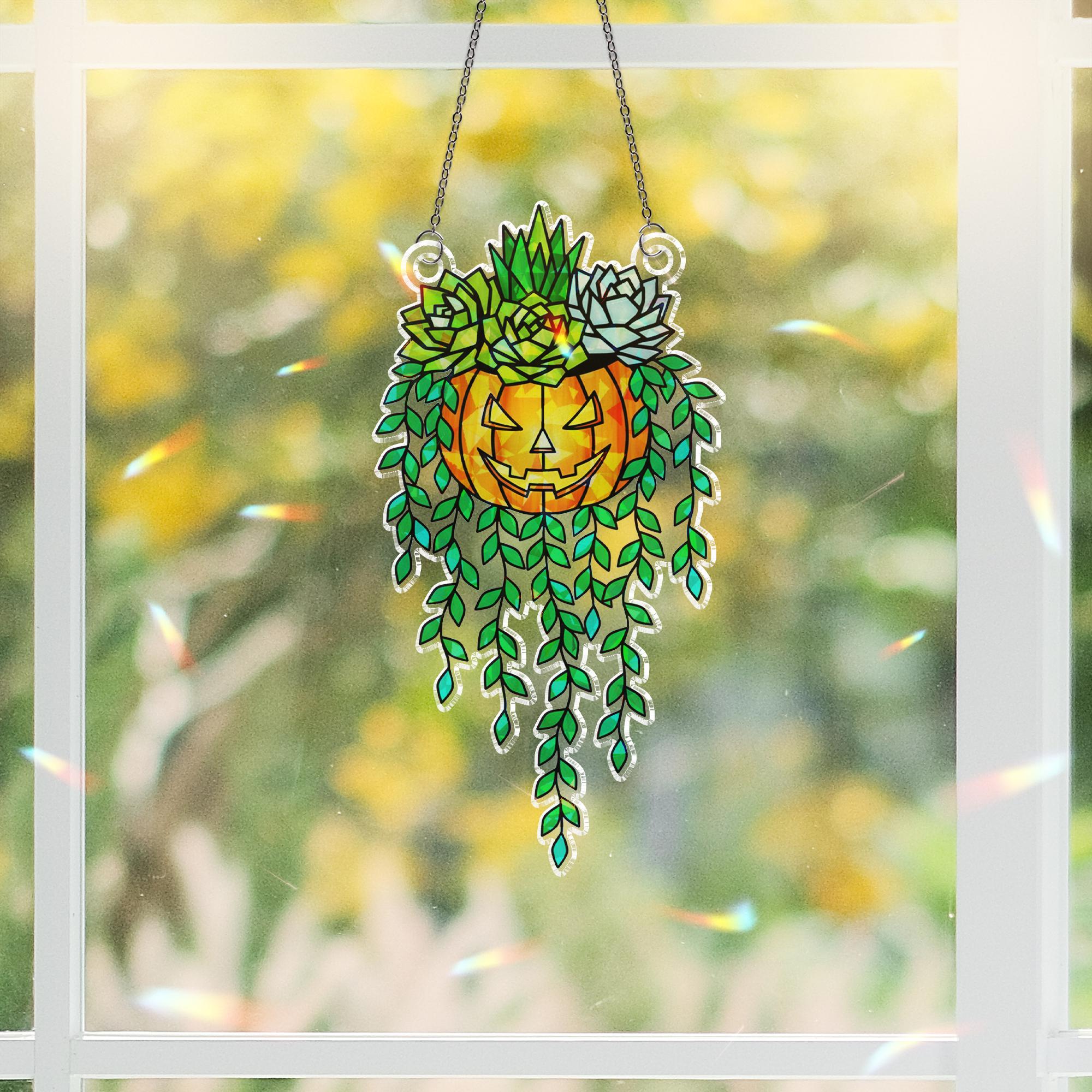 Succulent Pumpkin Suncatcher • Holographic Acrylic Hanging Window Decor • Halloween Plant Lover Gift