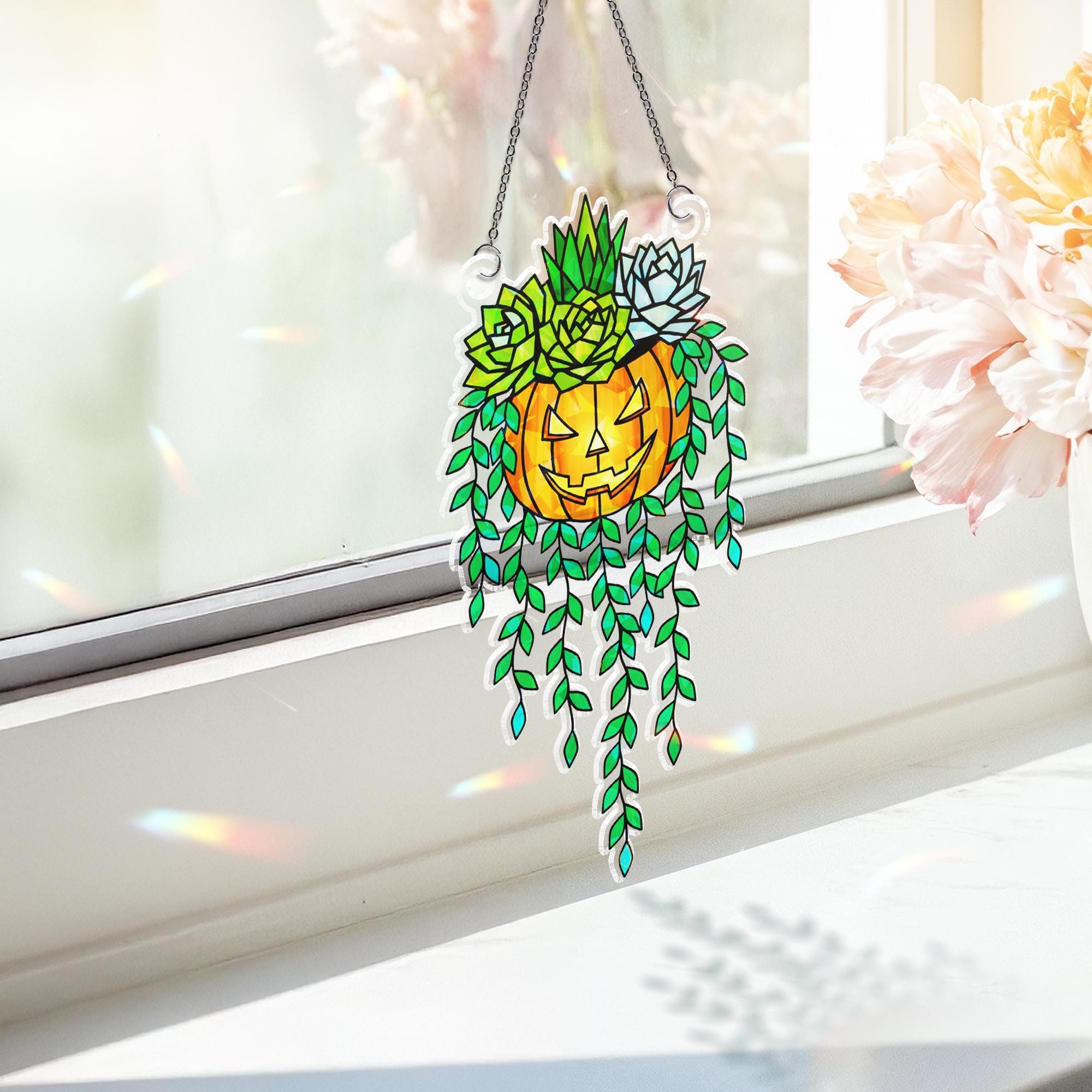 Succulent Pumpkin Suncatcher • Holographic Acrylic Hanging Window Decor • Halloween Plant Lover Gift