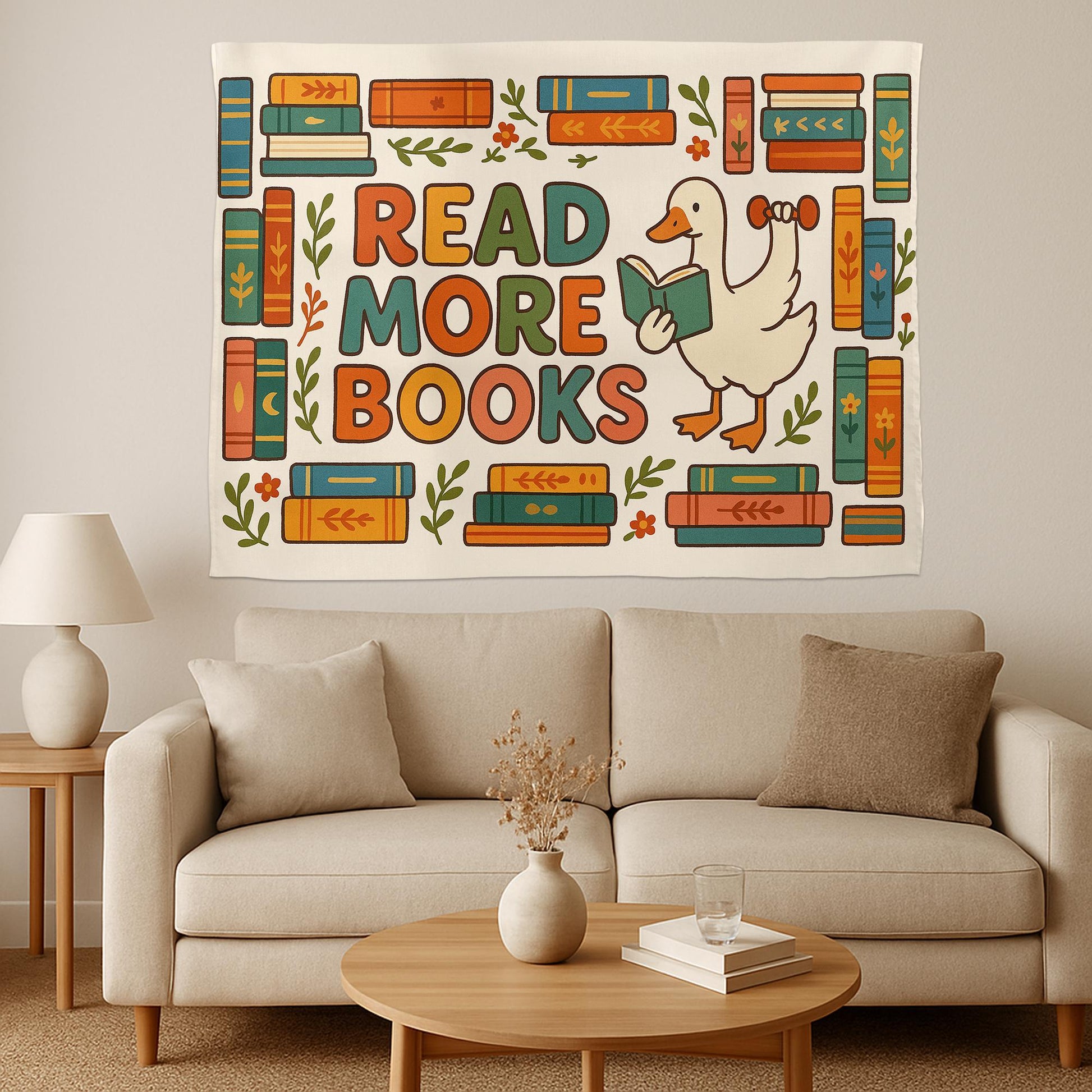 Read More Books Tapestry | Cute Duck Wall Hanging | Book Lover Room Decor | Library Reading Gift | Aesthetic Dorm Wall Art