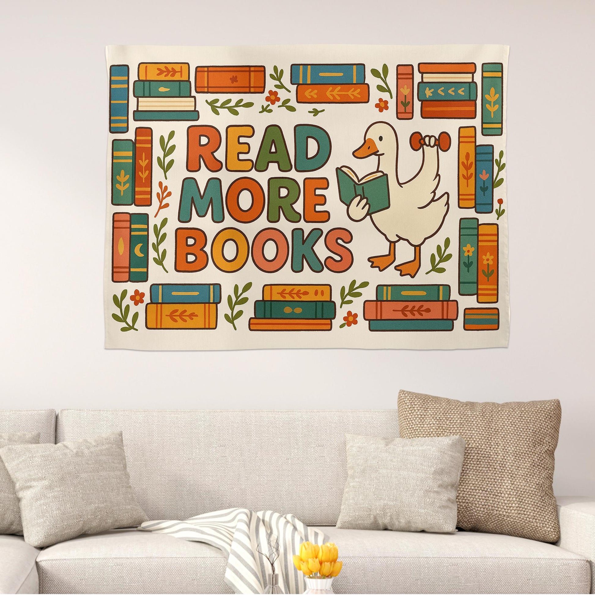 Read More Books Tapestry | Cute Duck Wall Hanging | Book Lover Room Decor | Library Reading Gift | Aesthetic Dorm Wall Art
