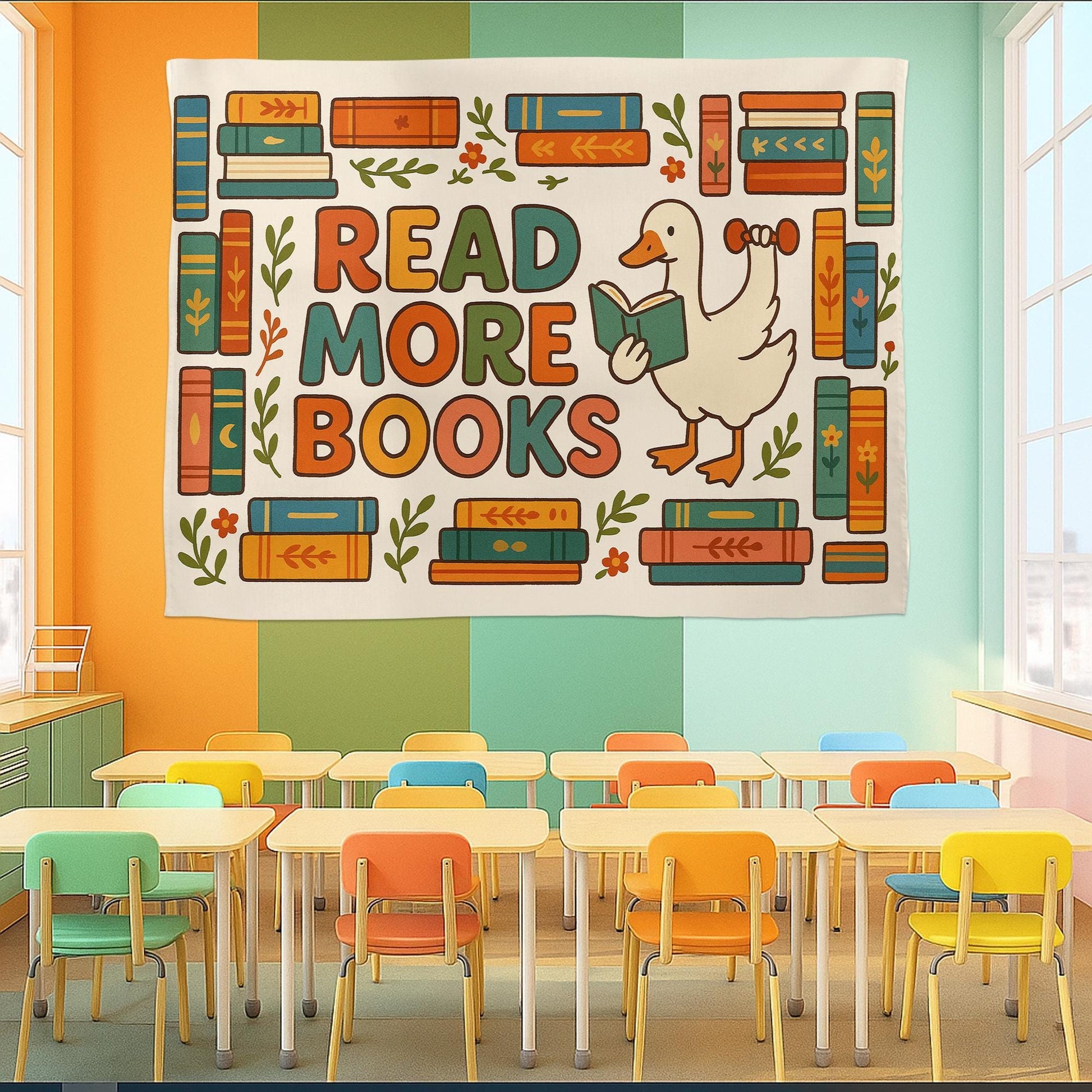 Read More Books Tapestry | Cute Duck Wall Hanging | Book Lover Room Decor | Library Reading Gift | Aesthetic Dorm Wall Art