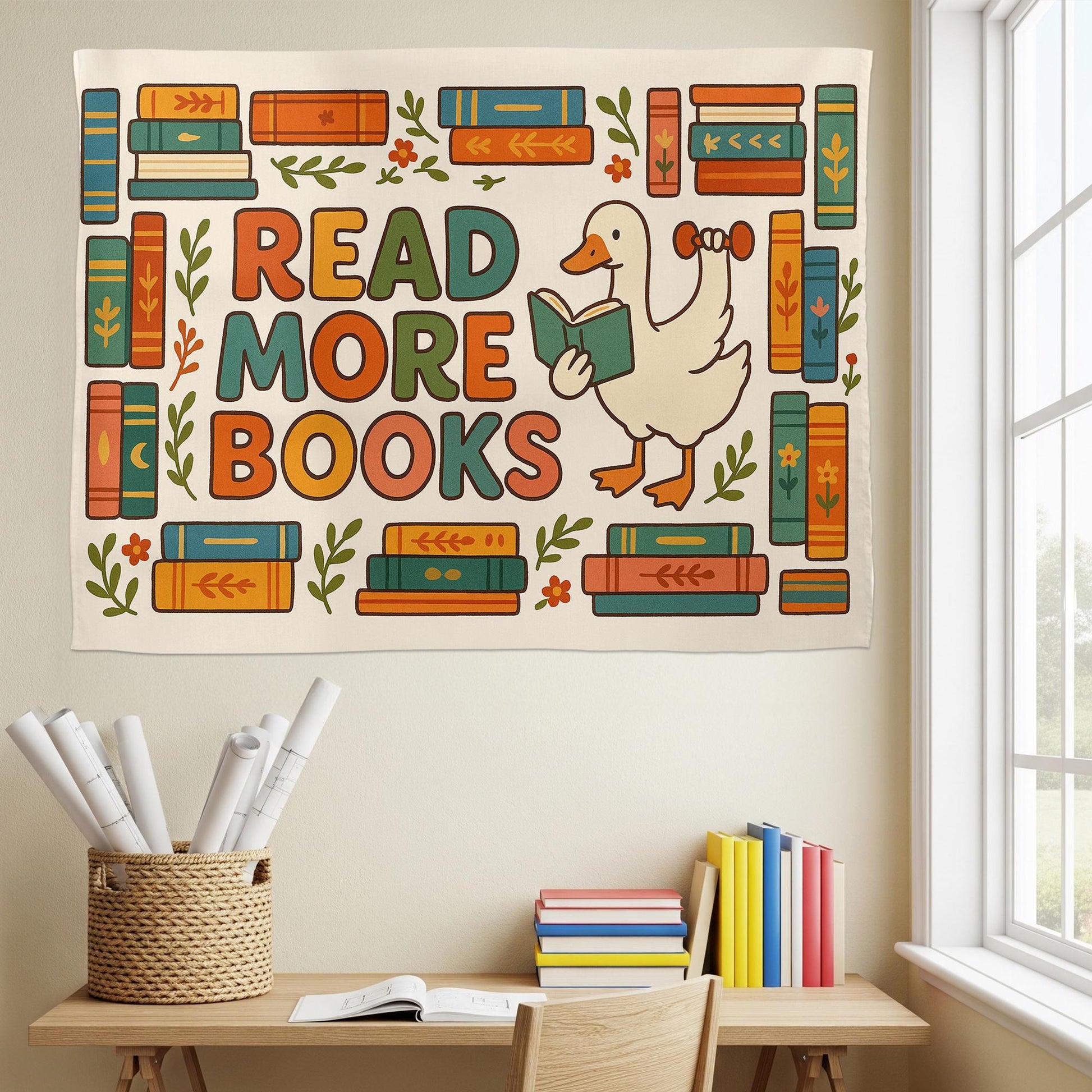 Read More Books Tapestry | Cute Duck Wall Hanging | Book Lover Room Decor | Library Reading Gift | Aesthetic Dorm Wall Art