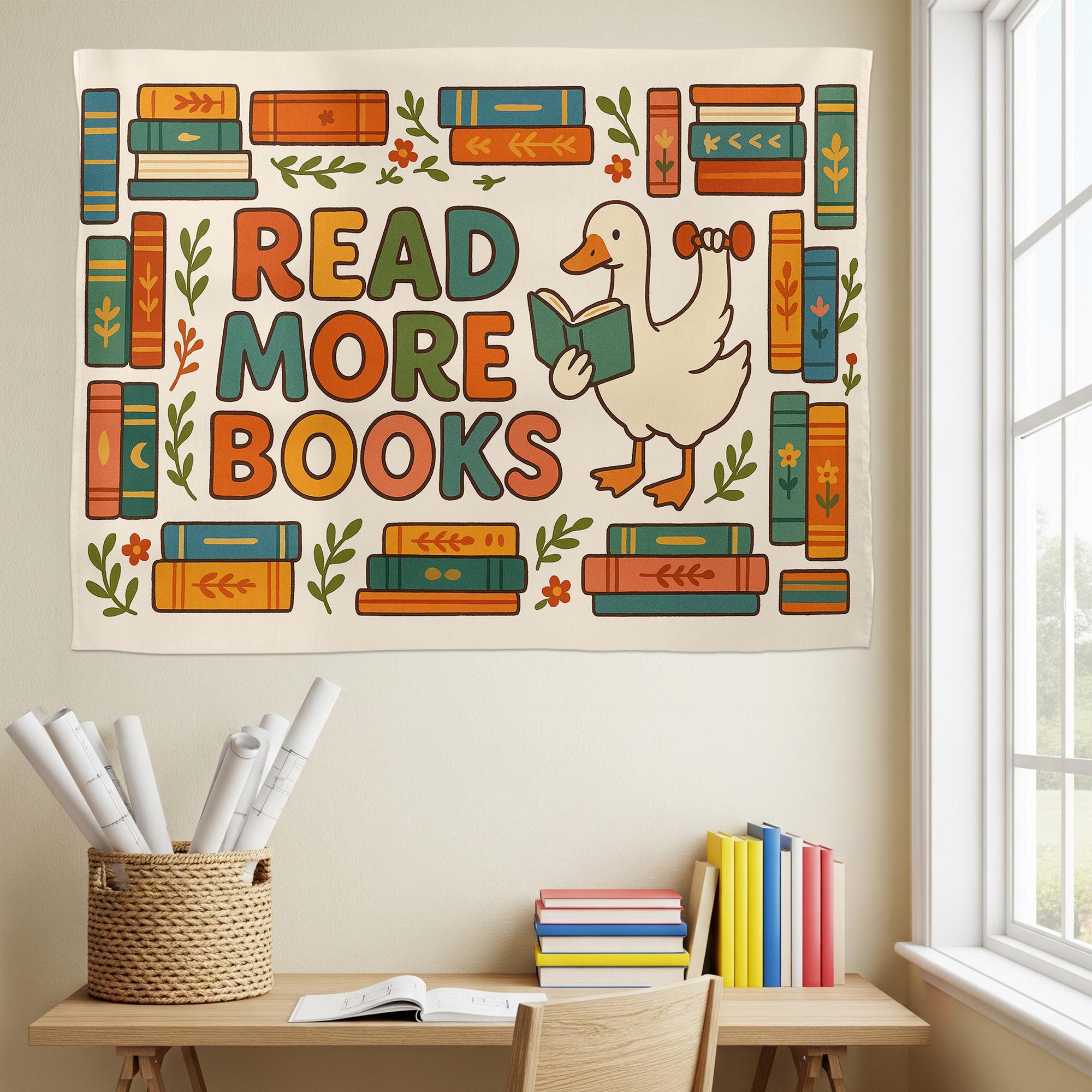 Read More Books Tapestry | Cute Duck Wall Hanging | Book Lover Room Decor | Library Reading Gift | Aesthetic Dorm Wall Art