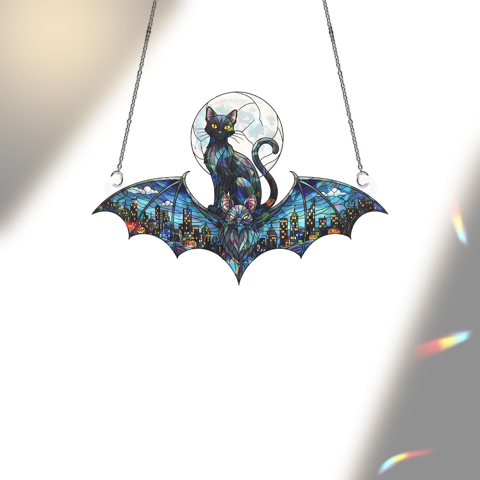 Holographic Cat Bat Window Hanging | Gothic Suncatcher | Halloween Witchy Decor | Spooky Stained Glass Effect | Moonlight Wall Art