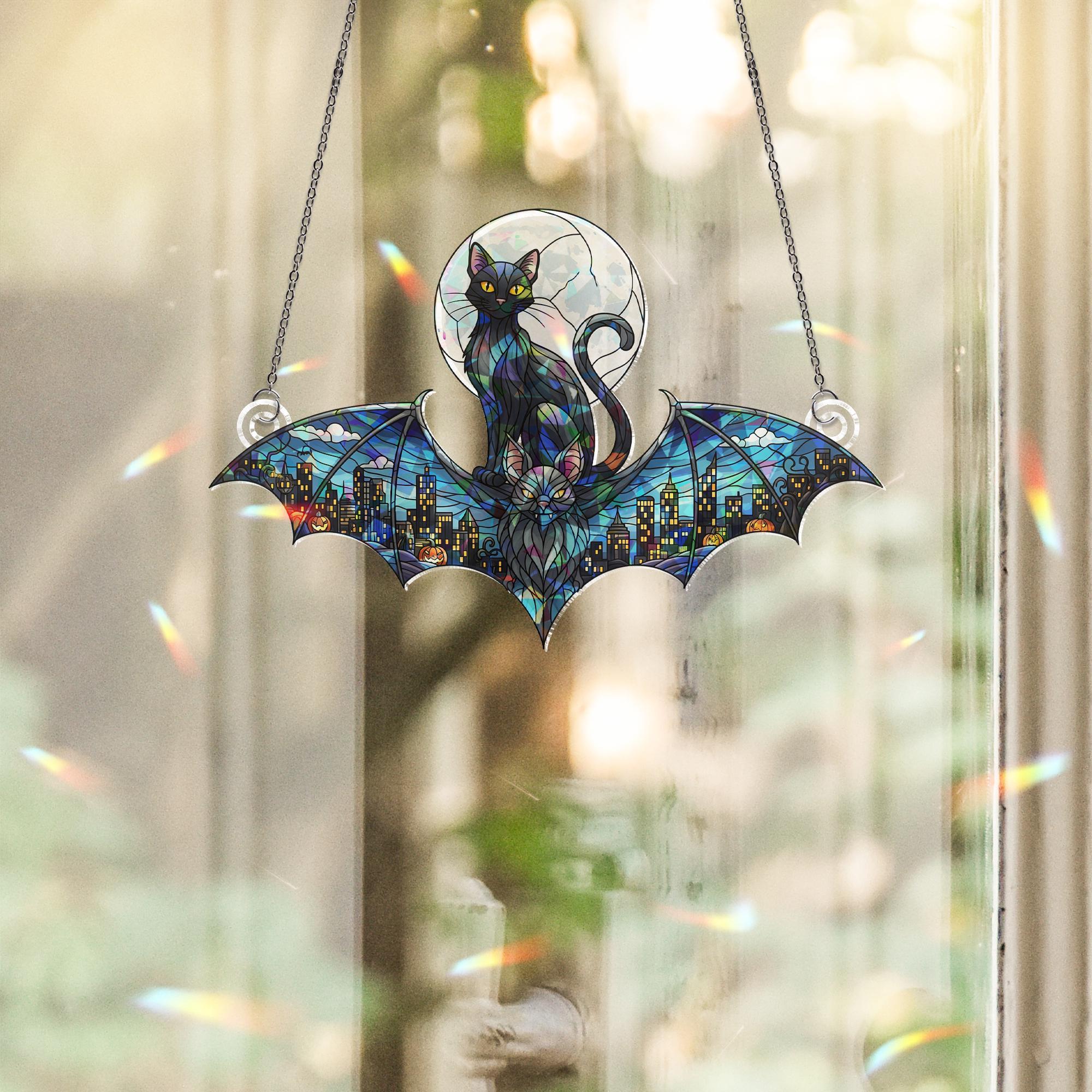 Holographic Cat Bat Window Hanging | Gothic Suncatcher | Halloween Witchy Decor | Spooky Stained Glass Effect | Moonlight Wall Art