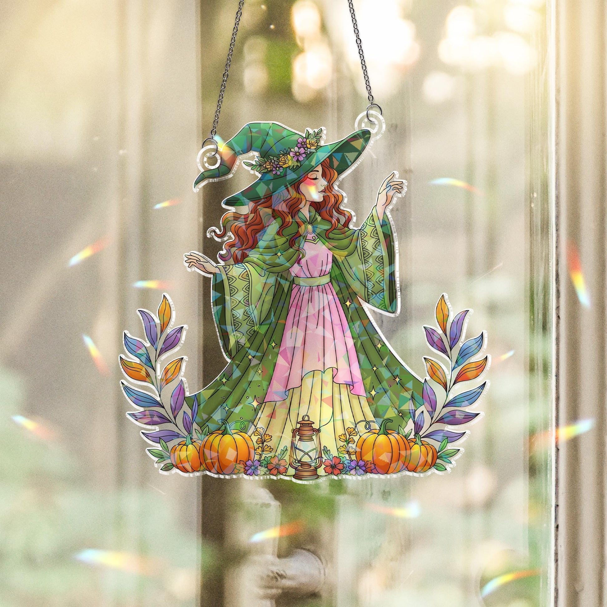 Holographic Witch Window Hanging: Autumn Pumpkin Sun Catcher