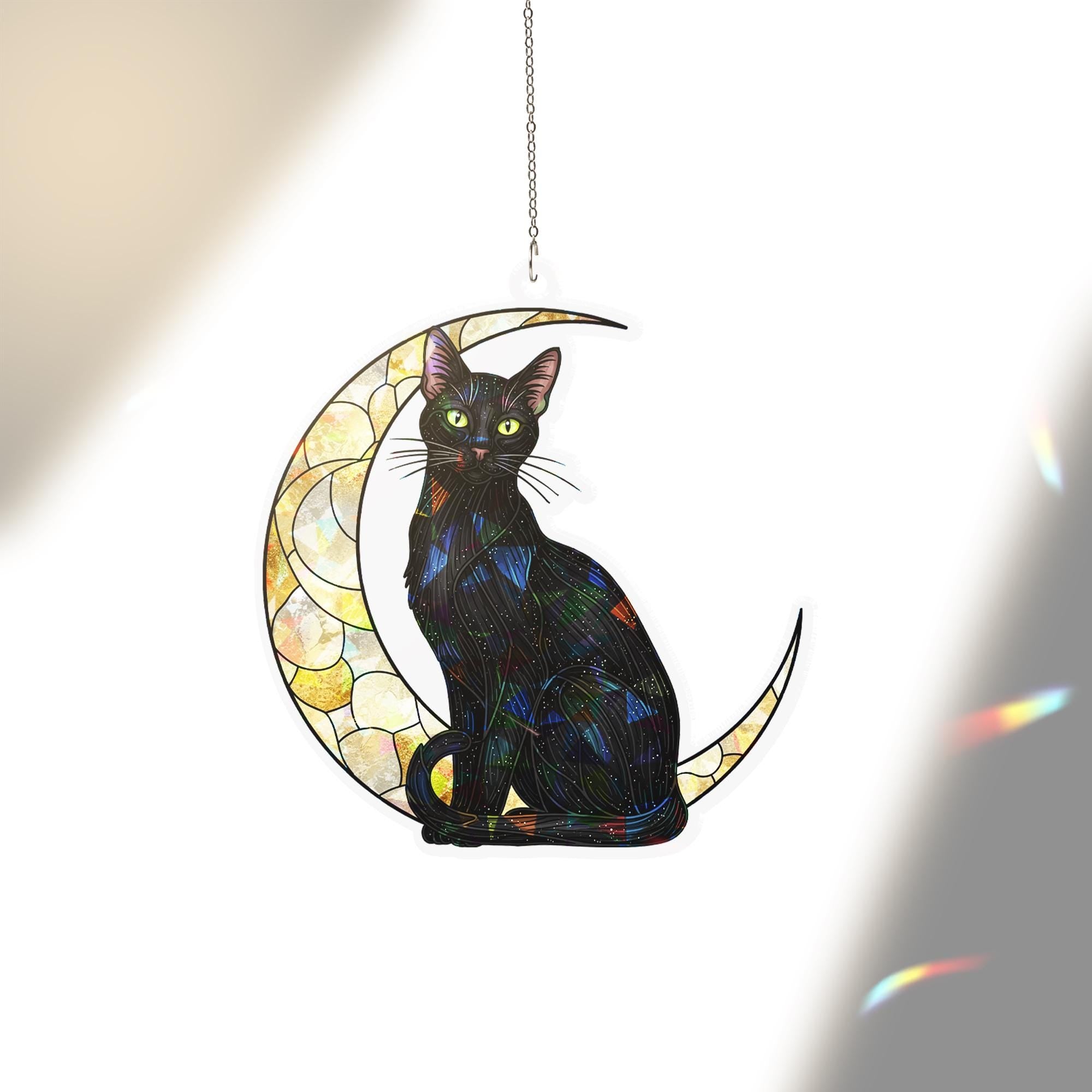 Black Cat Moon Hologram Window Hanging : Halloween Acrylic Sun Catcher Ornament