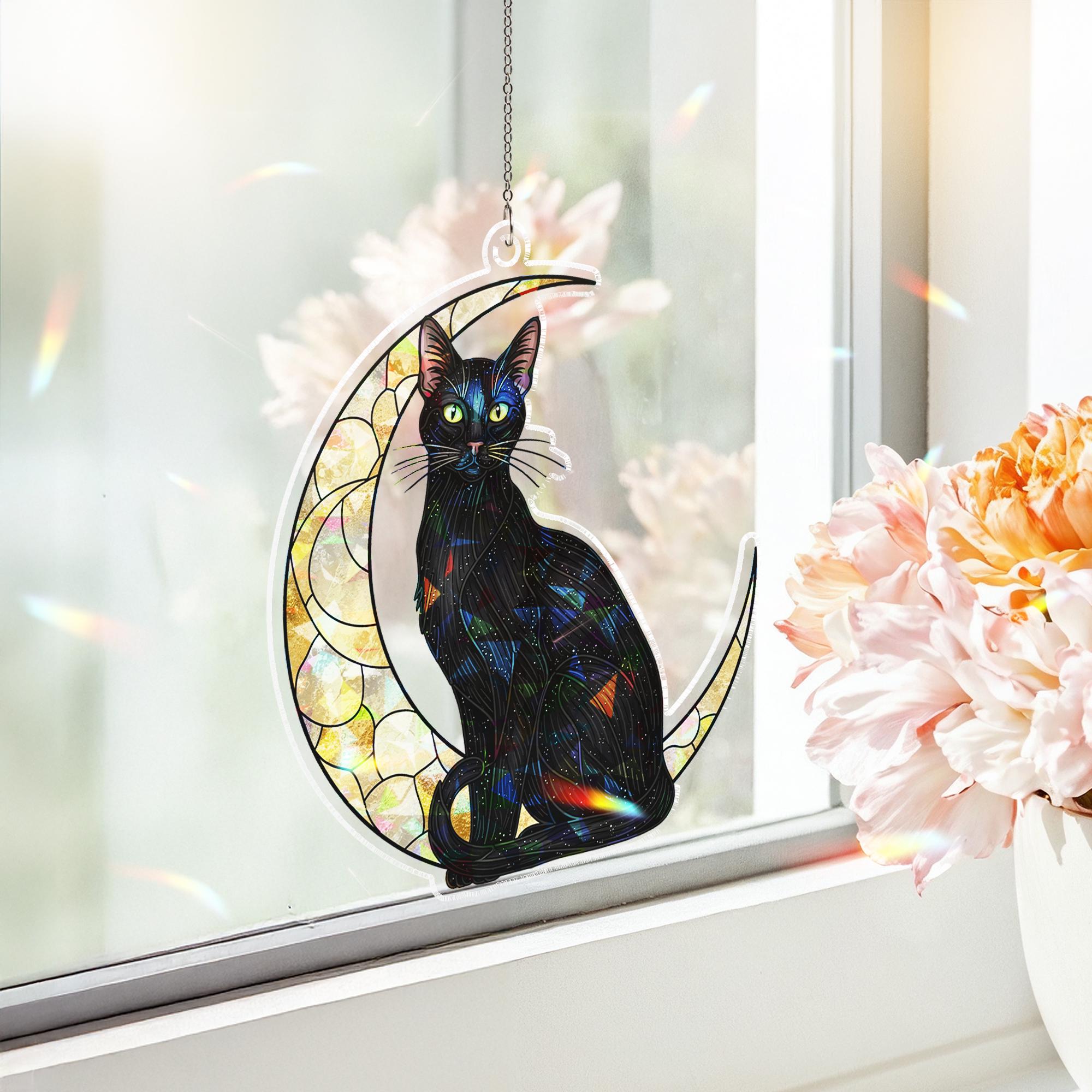 Black Cat Moon Hologram Window Hanging : Halloween Acrylic Sun Catcher Ornament