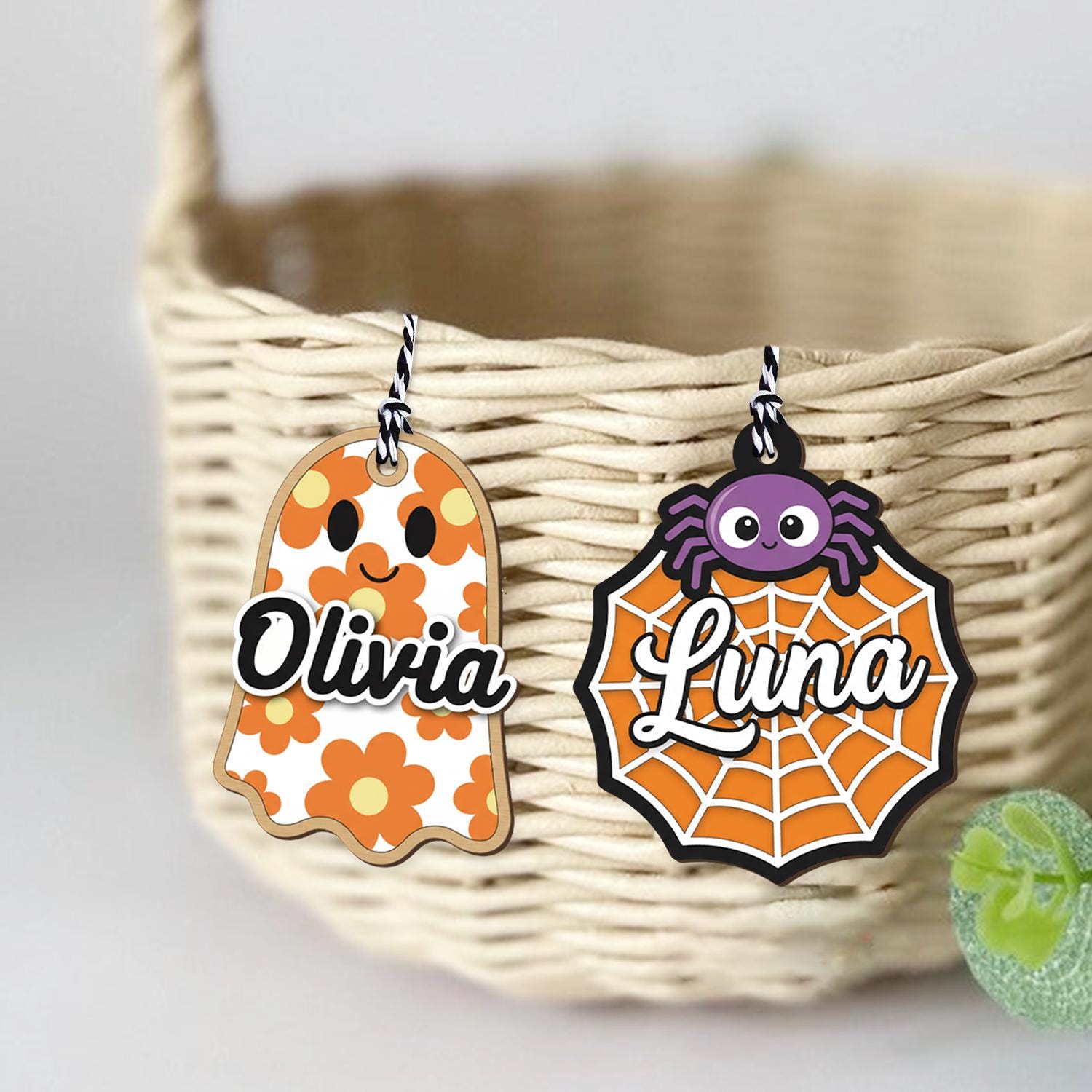 Personalized Halloween Basket Tag: Acrylic & Wood, Custom Name