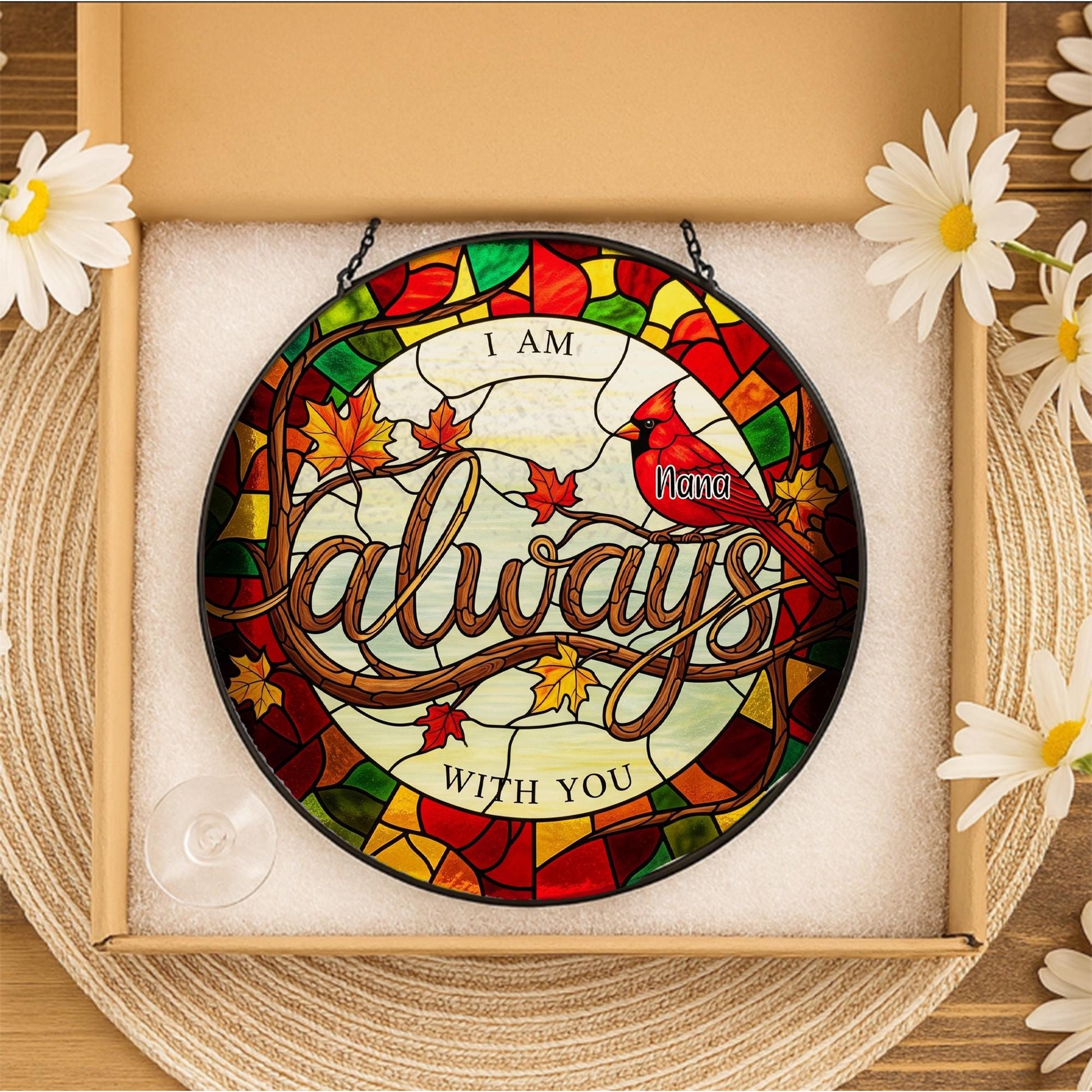 Custom Memorial Glass Suncatcher - Personalized Cardinal Remembrance Gift, I Am Always With You Window Hanging Keepsake
