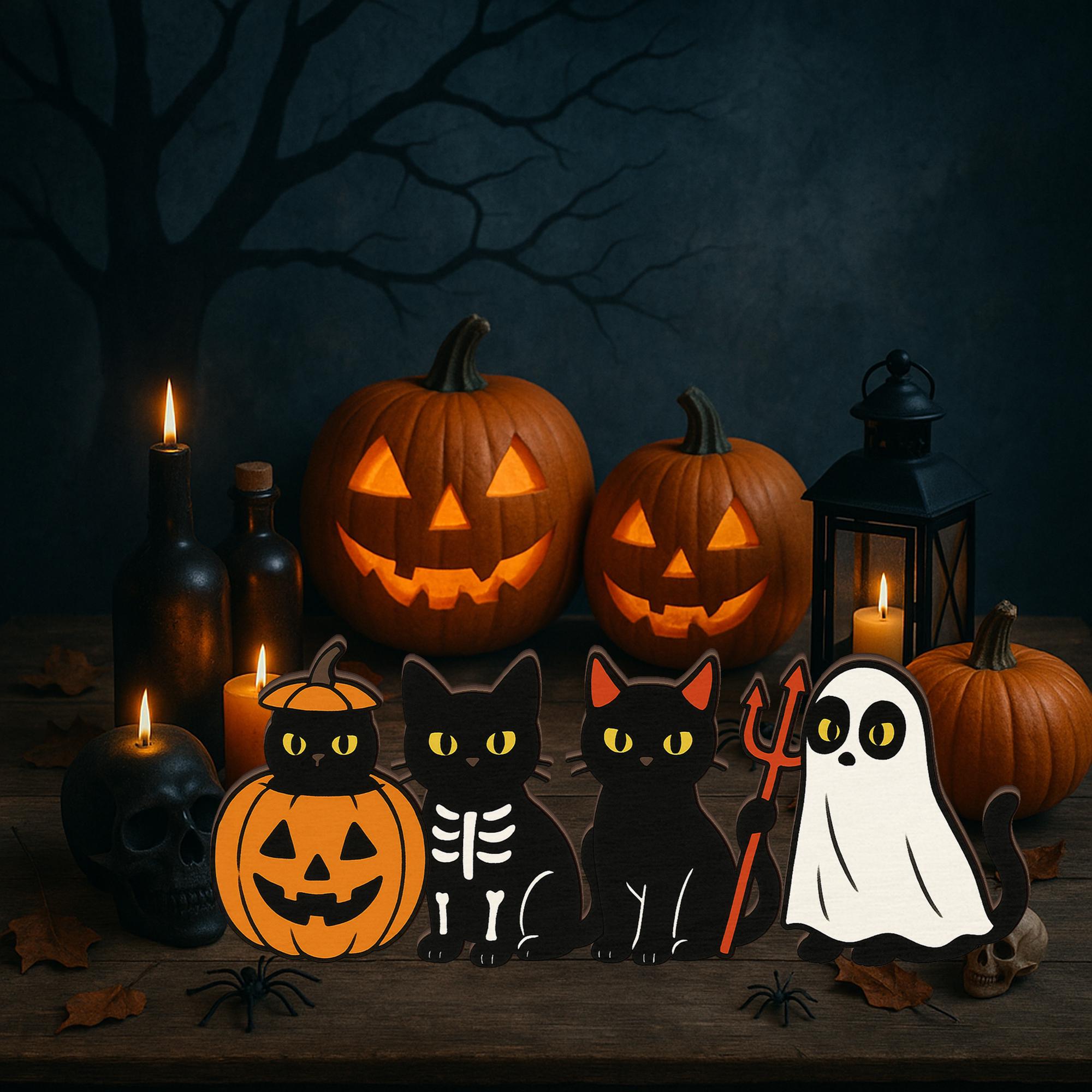 Halloween Black Cat Wooden Blocks - Spooky Ghost Pumpkin Table Decor, Cute Farmhouse Halloween Decoration, Fall Tiered Tray Accent