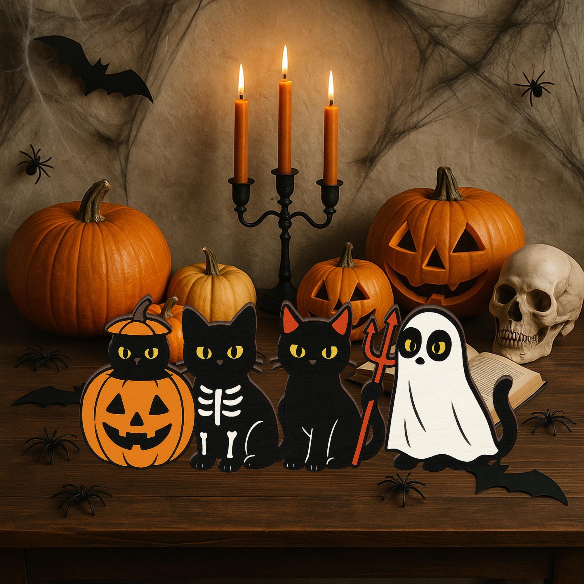 Halloween Black Cat Wooden Blocks - Spooky Ghost Pumpkin Table Decor, Cute Farmhouse Halloween Decoration, Fall Tiered Tray Accent