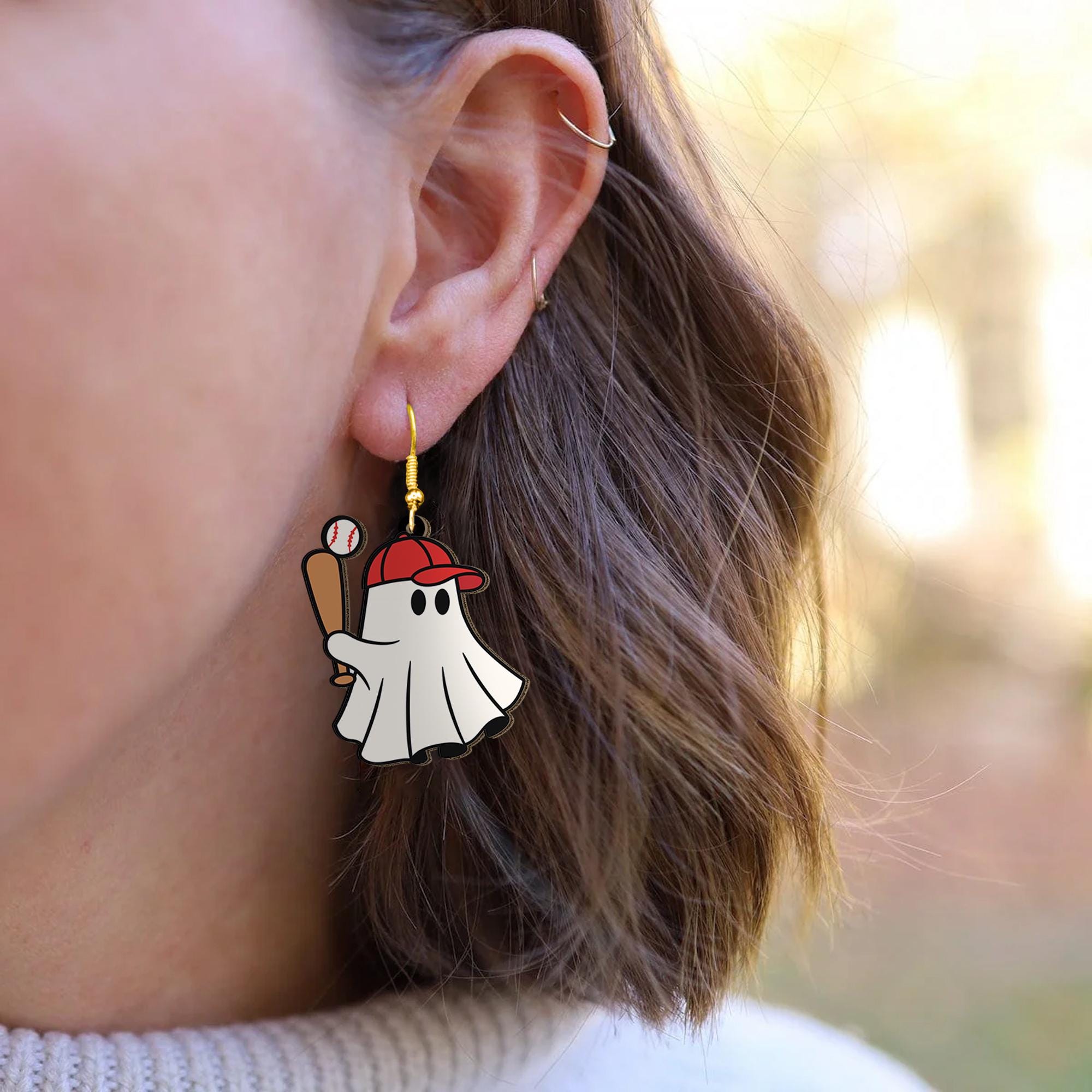 Halloween Baseball Mom Earrings - Funny Ghost Sports Jewelry for Baseball Lovers, Spooky Season Softball Mom Gift