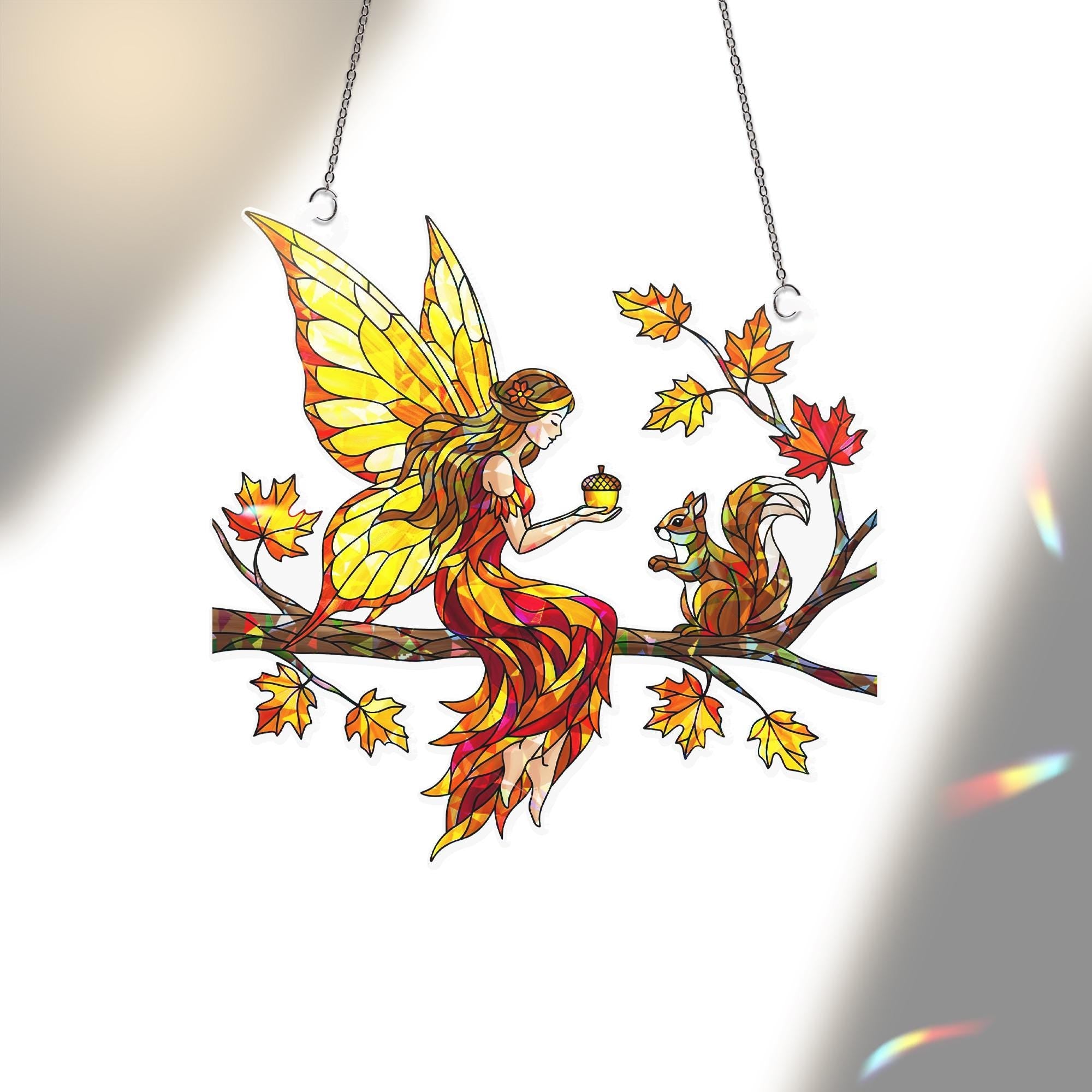 Autumn Fairy Suncatcher - Holographic Acrylic Window Hanging Fall Decor with Woodland Fairy and Squirrel