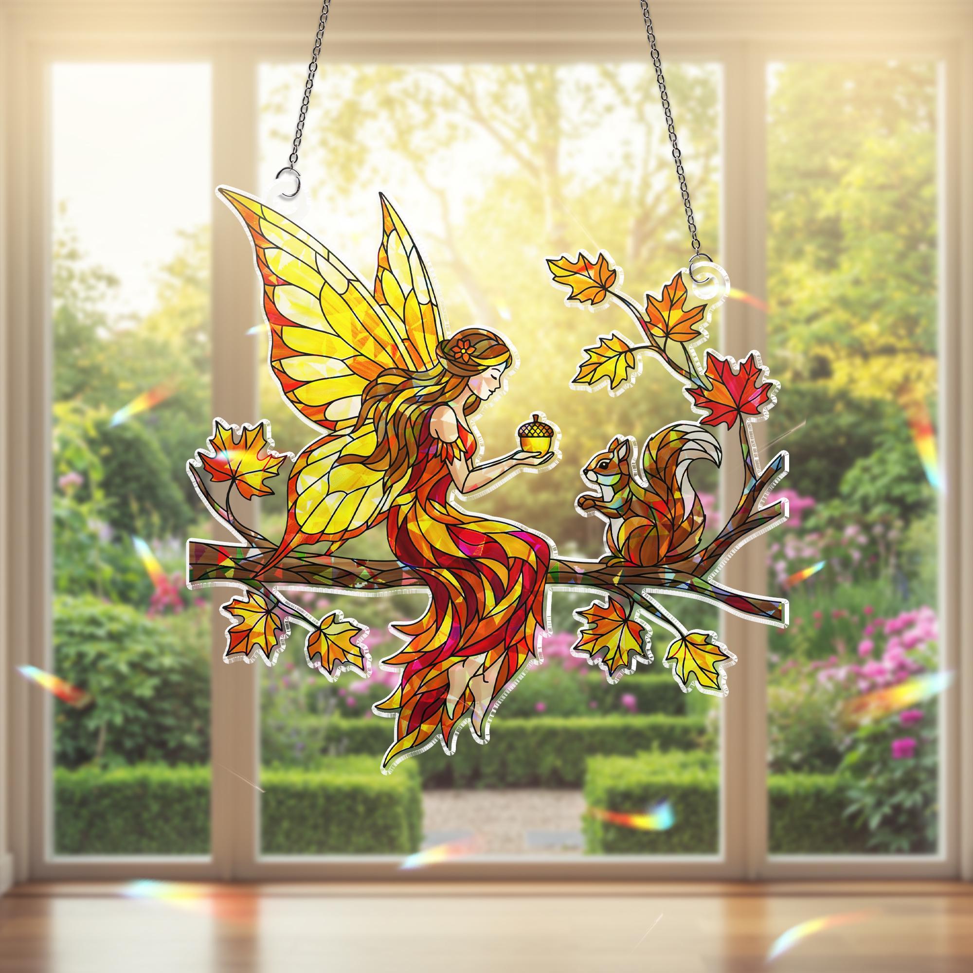 Autumn Fairy Suncatcher - Holographic Acrylic Window Hanging Fall Decor with Woodland Fairy and Squirrel