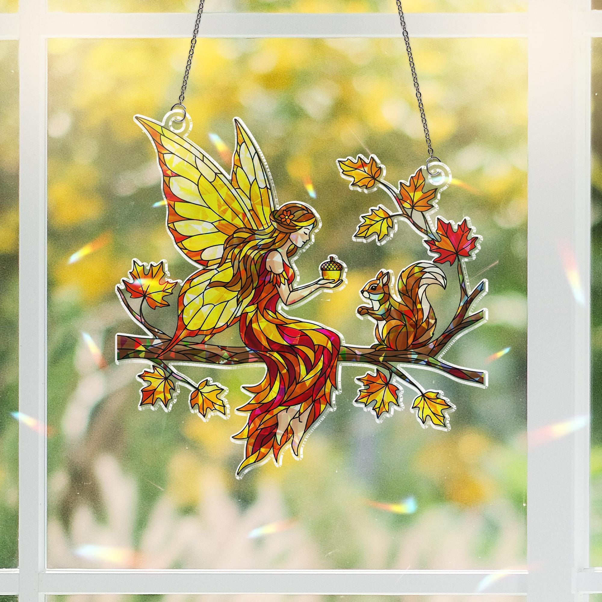 Autumn Fairy Suncatcher - Holographic Acrylic Window Hanging Fall Decor with Woodland Fairy and Squirrel