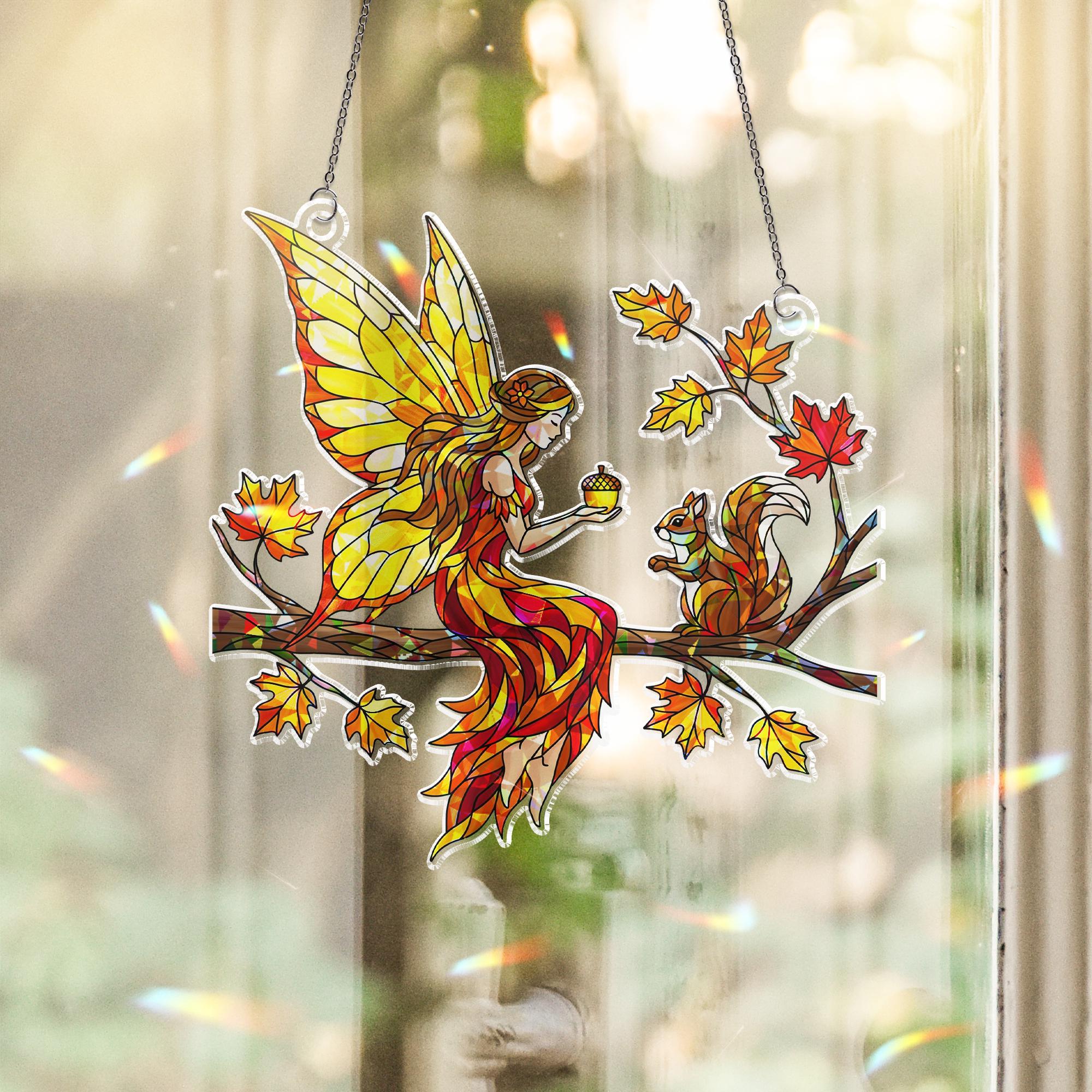 Autumn Fairy Suncatcher - Holographic Acrylic Window Hanging Fall Decor with Woodland Fairy and Squirrel