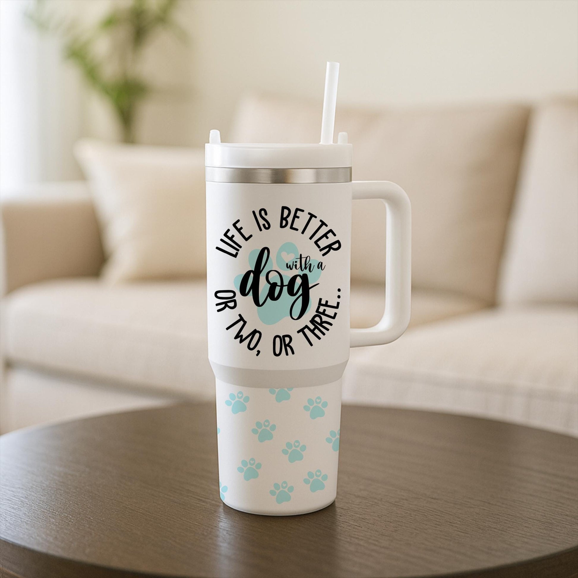 40 oz Dog Lover Tumbler with Handle & Straw – Life Is Better with a Dog Paw Print Travel Tumbler, Pet Owner Gift, Cute Dog Mom Tumbler